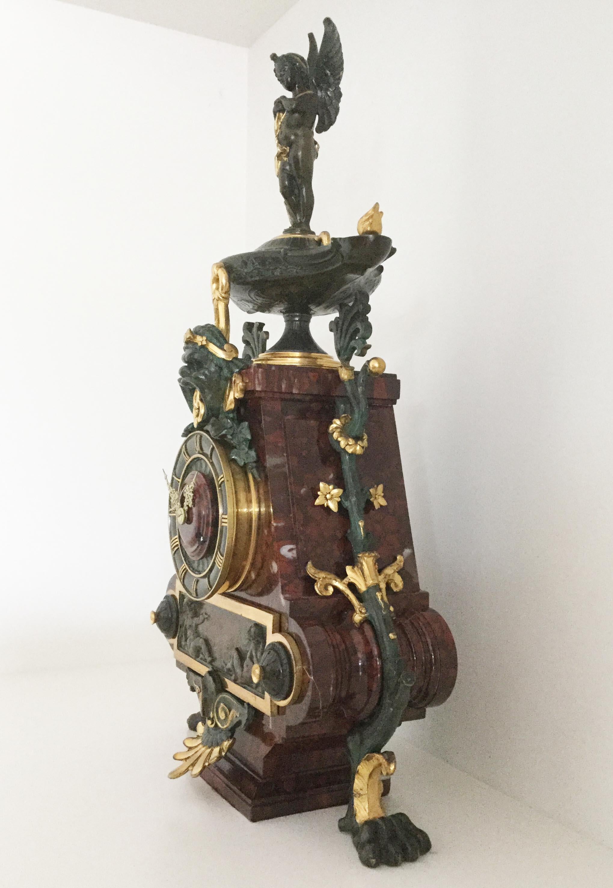 French Gilt Bronze and Rouge Marble Mantel Clock, Charpentier, Paris, circa 1880 For Sale 2
