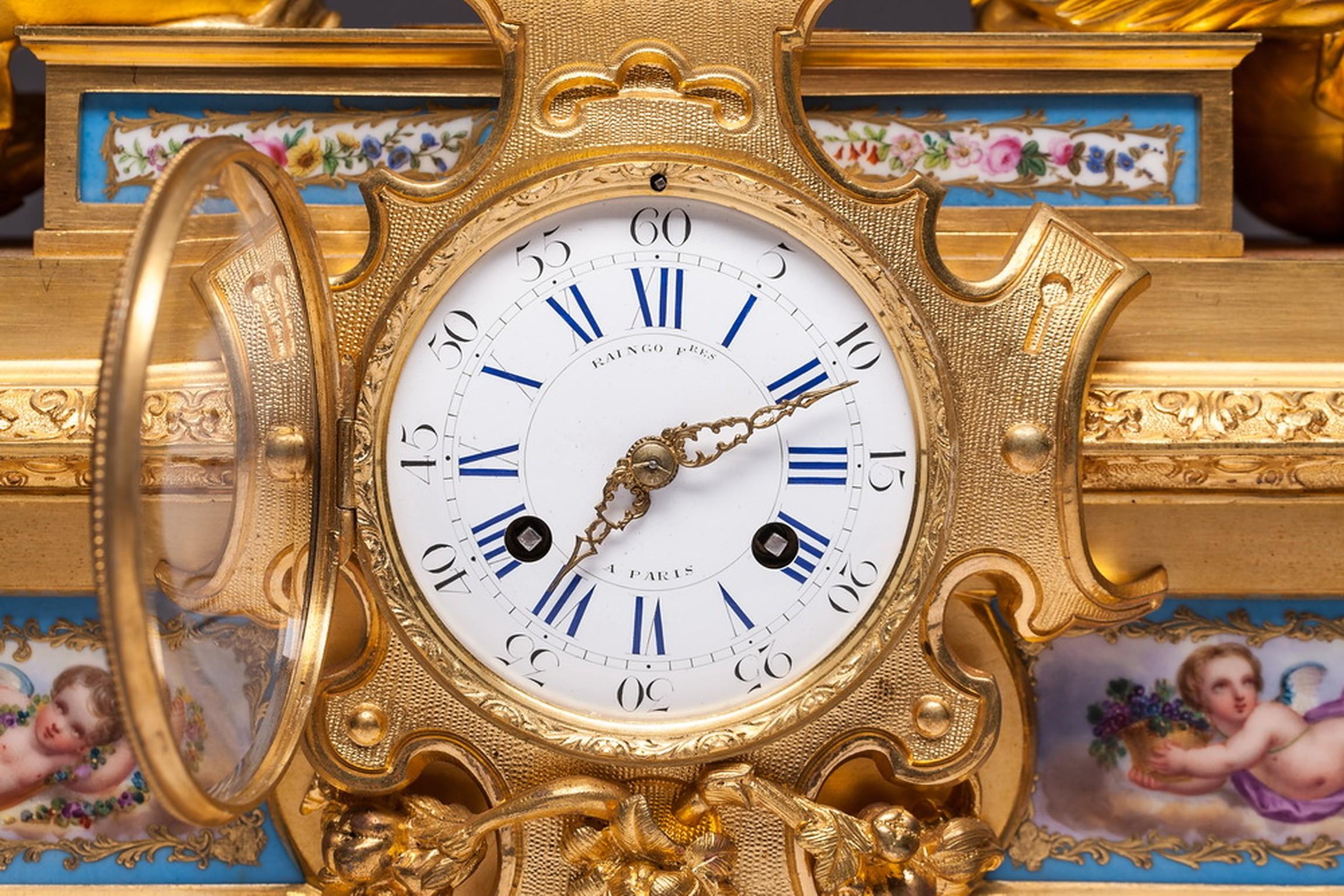 19th Century French Gilt Bronze and Sevres Porcelain Clock By Raingo Frer For Sale 1