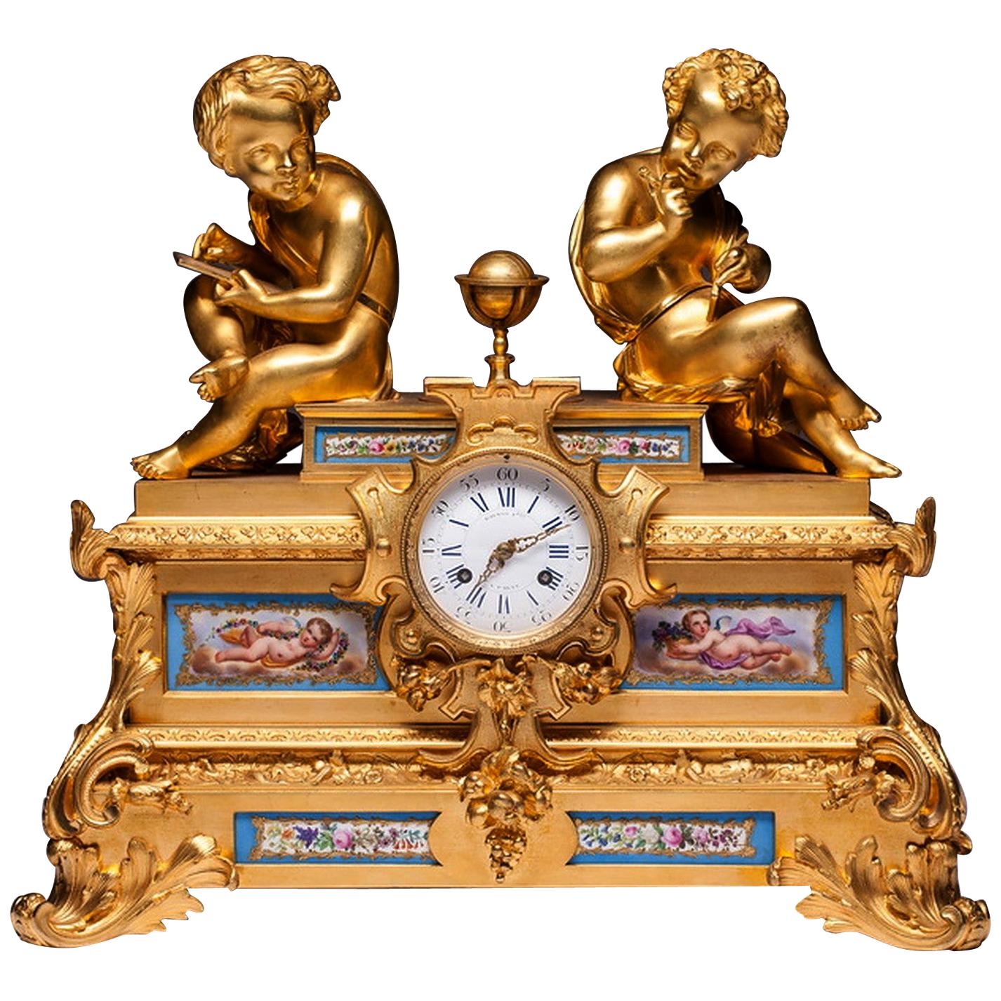 19th Century French Gilt Bronze and Sevres Porcelain Clock By Raingo Frer For Sale