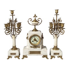 Antique 19th Century French Gilt Bronze and White Marble Three Piece Clock Garniture