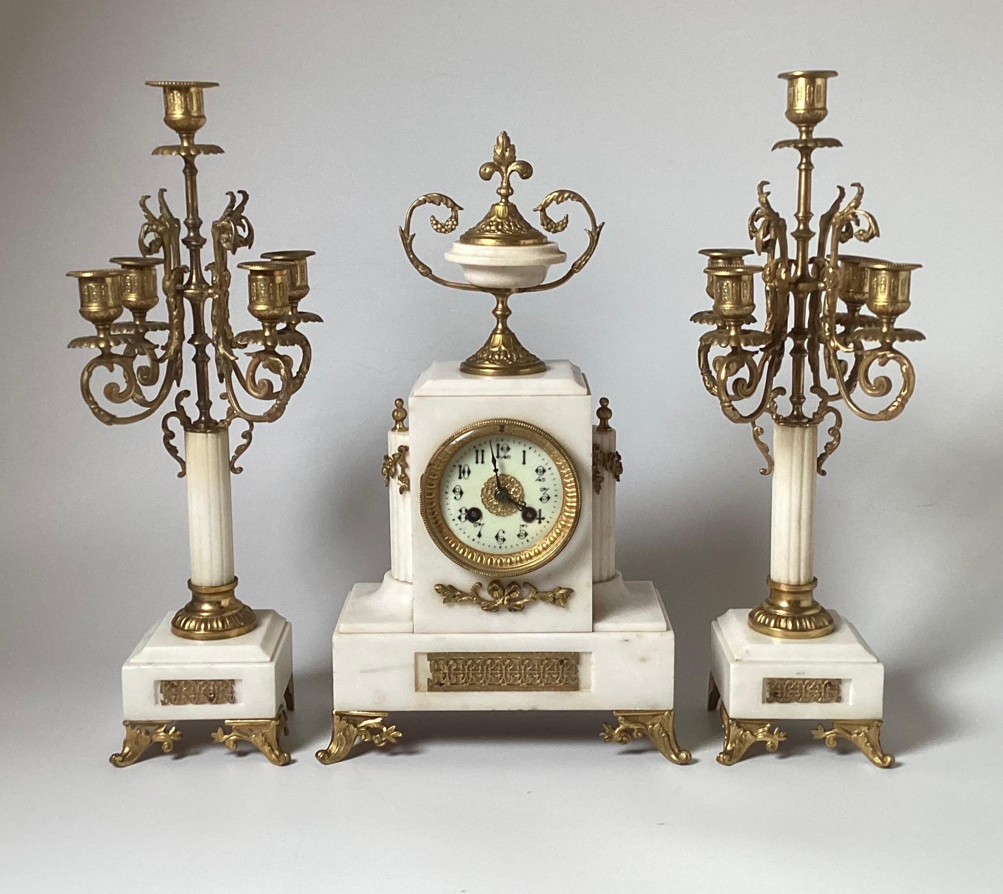 19th Century French Gilt Bronze and White Marble Three Piece Clock ...