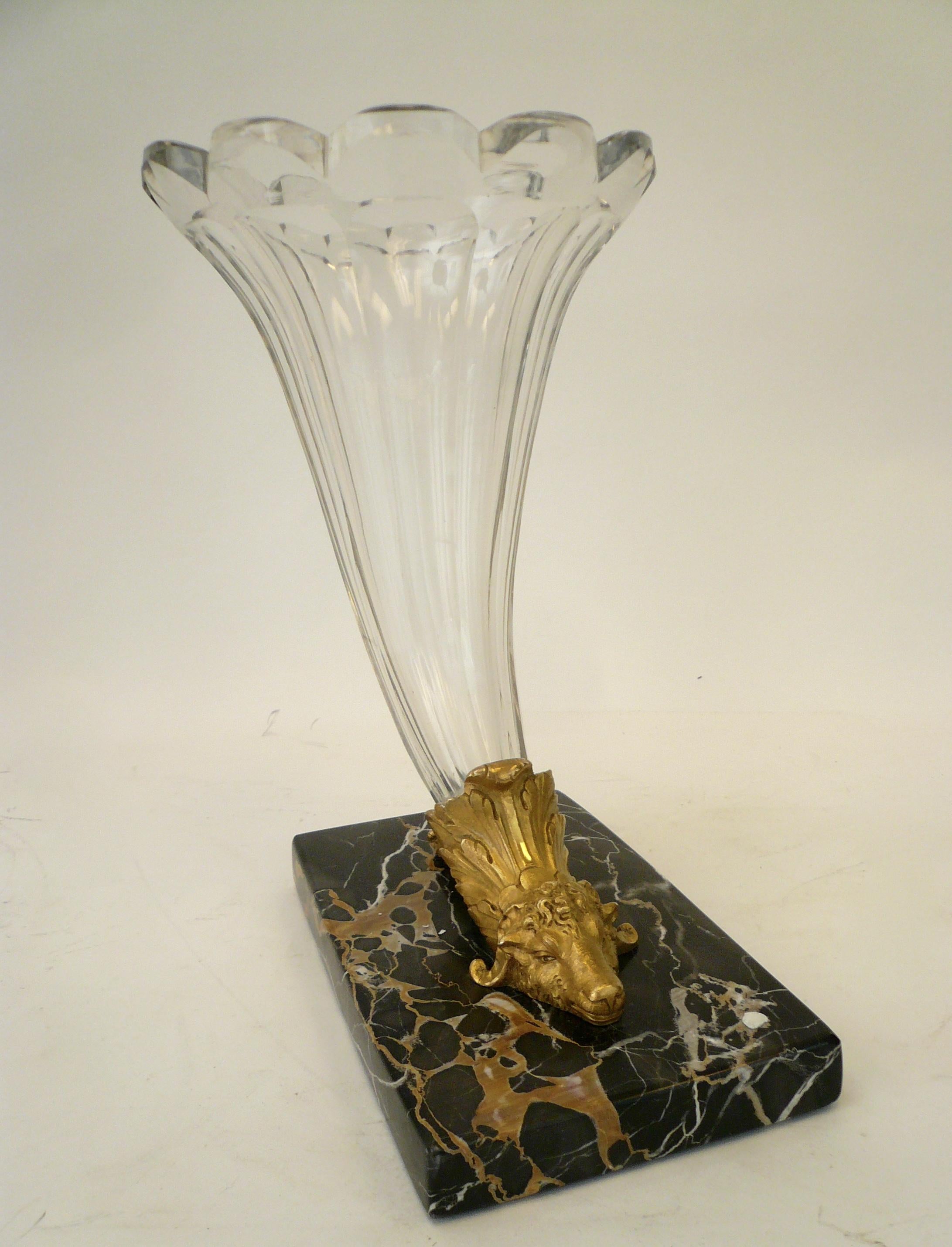 Neoclassical 19th Century French Gilt Bronze, Baccarat Crystal and Marble Cornucopia Vase For Sale
