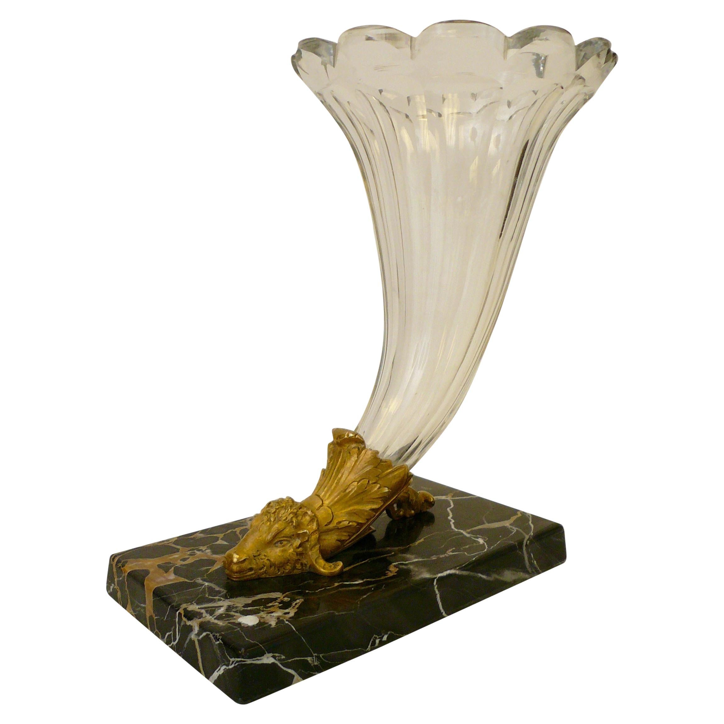 19th Century French Gilt Bronze, Baccarat Crystal and Marble Cornucopia Vase