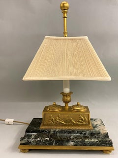 19th Century French Gilt Bronze Bouillotte Lamp with Inkwell & Marble Base