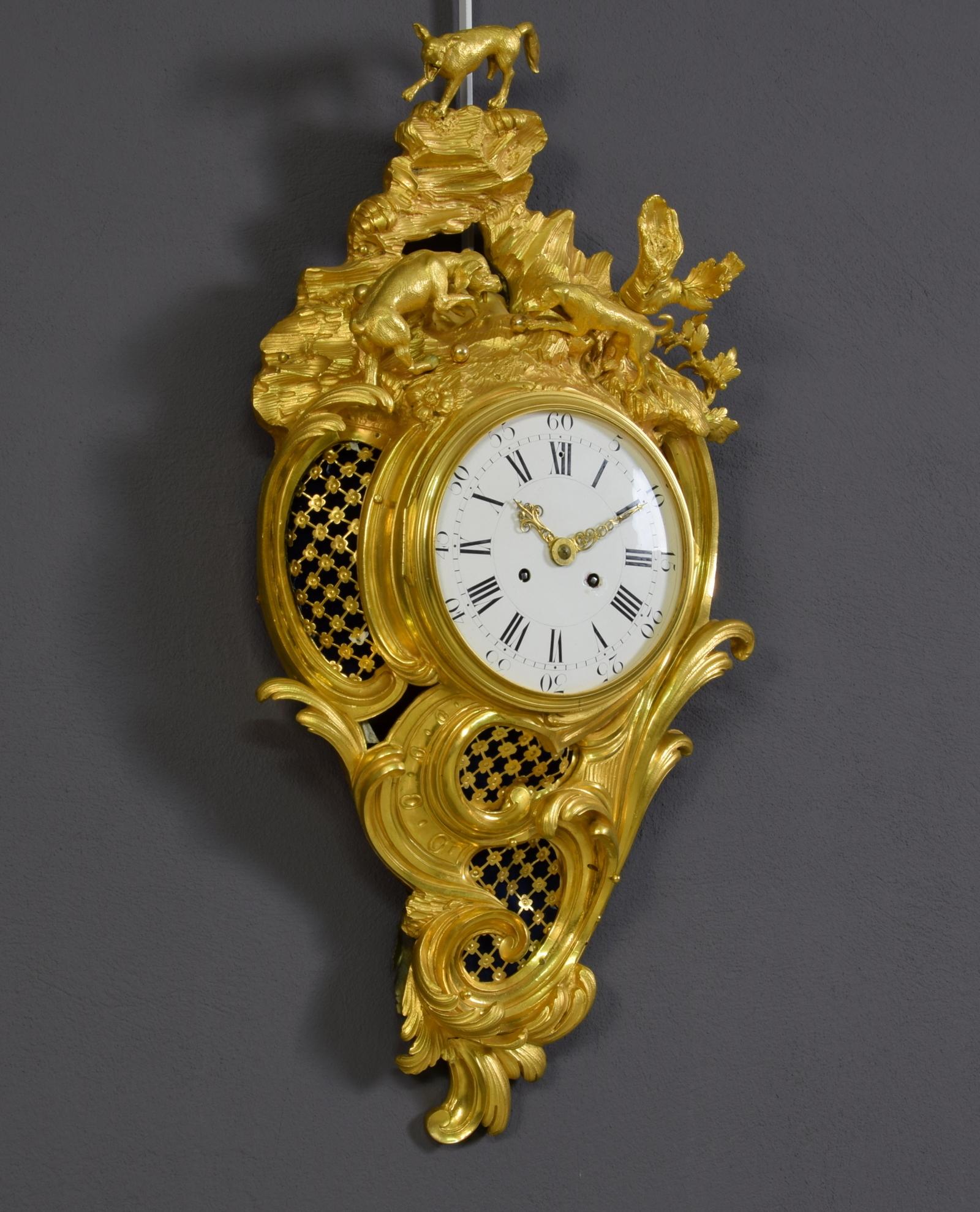 19th Century French Gilt Bronze Cartel Wall Clock 4