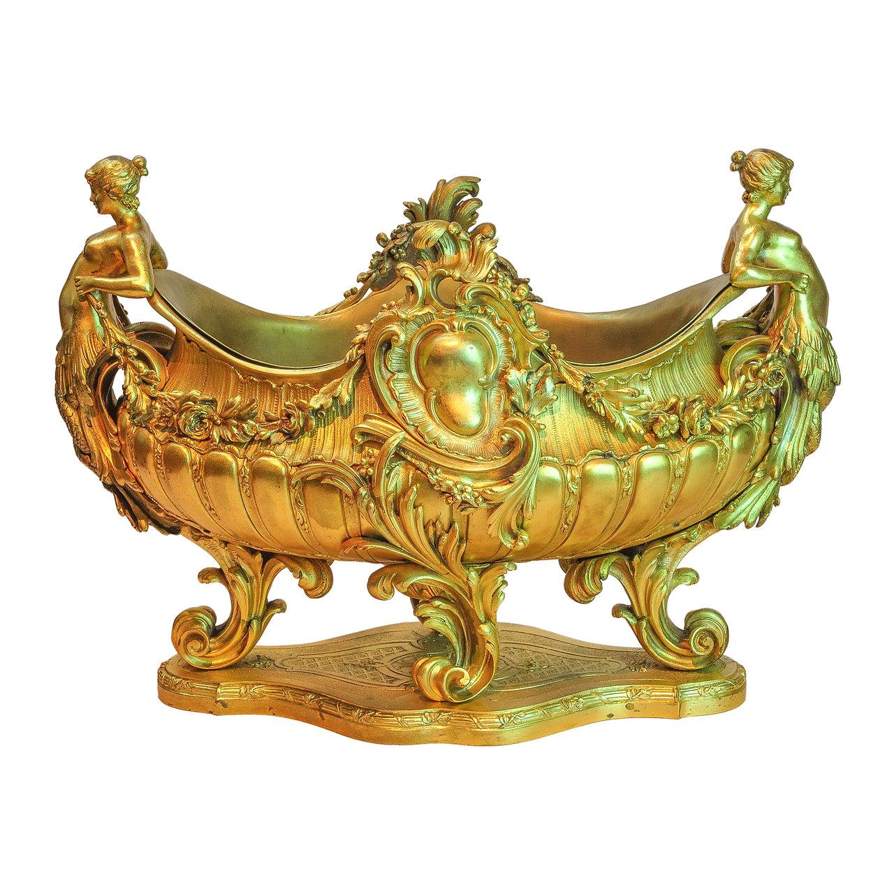 19th Century French Gilt Bronze Centerpiece with Mermaid Figural Handles
