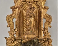 19th Century French Gilt Bronze Chapel Holy Water Font with Virgin Mother Mary