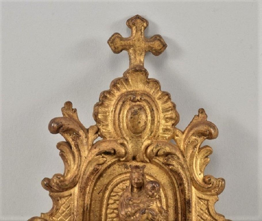 Gothic Revival 19th Century French Gilt Bronze Chapel Holy Water Font with Virgin Mother Mary