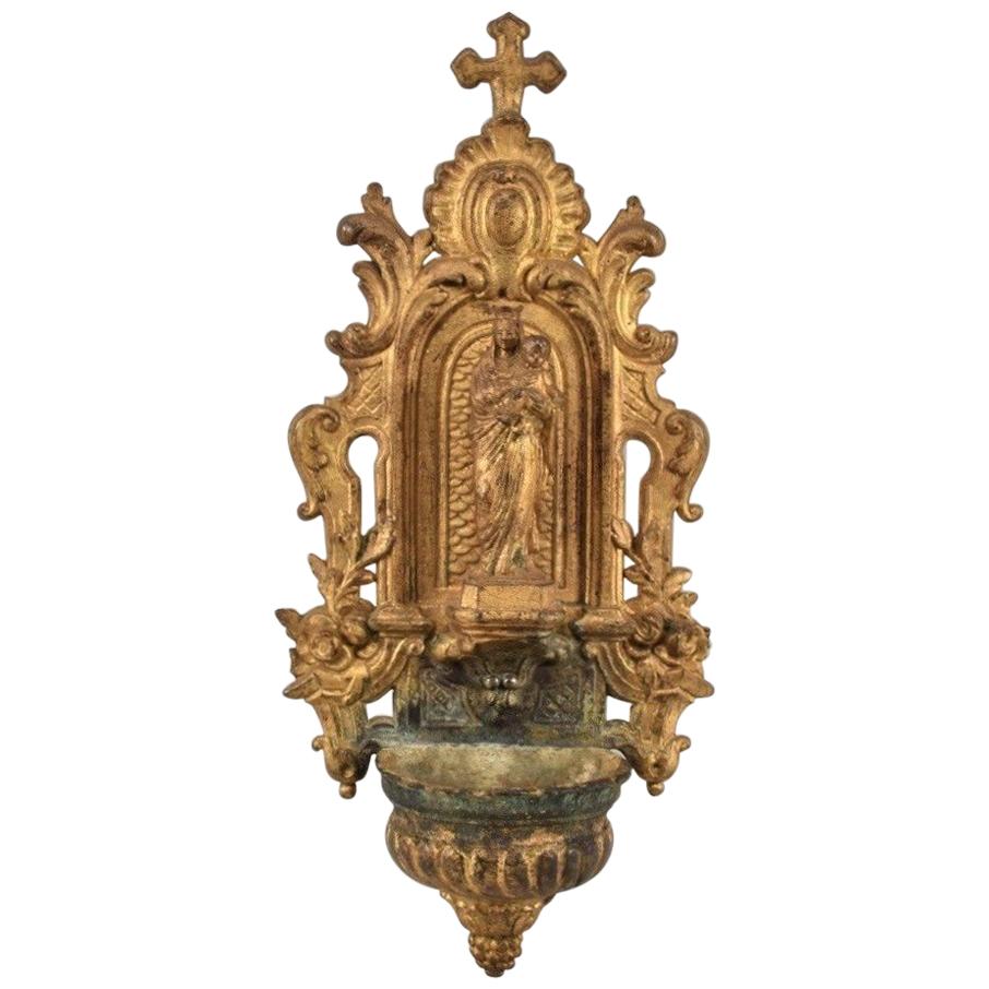 19th Century French Gilt Bronze Chapel Holy Water Font with Virgin Mother Mary