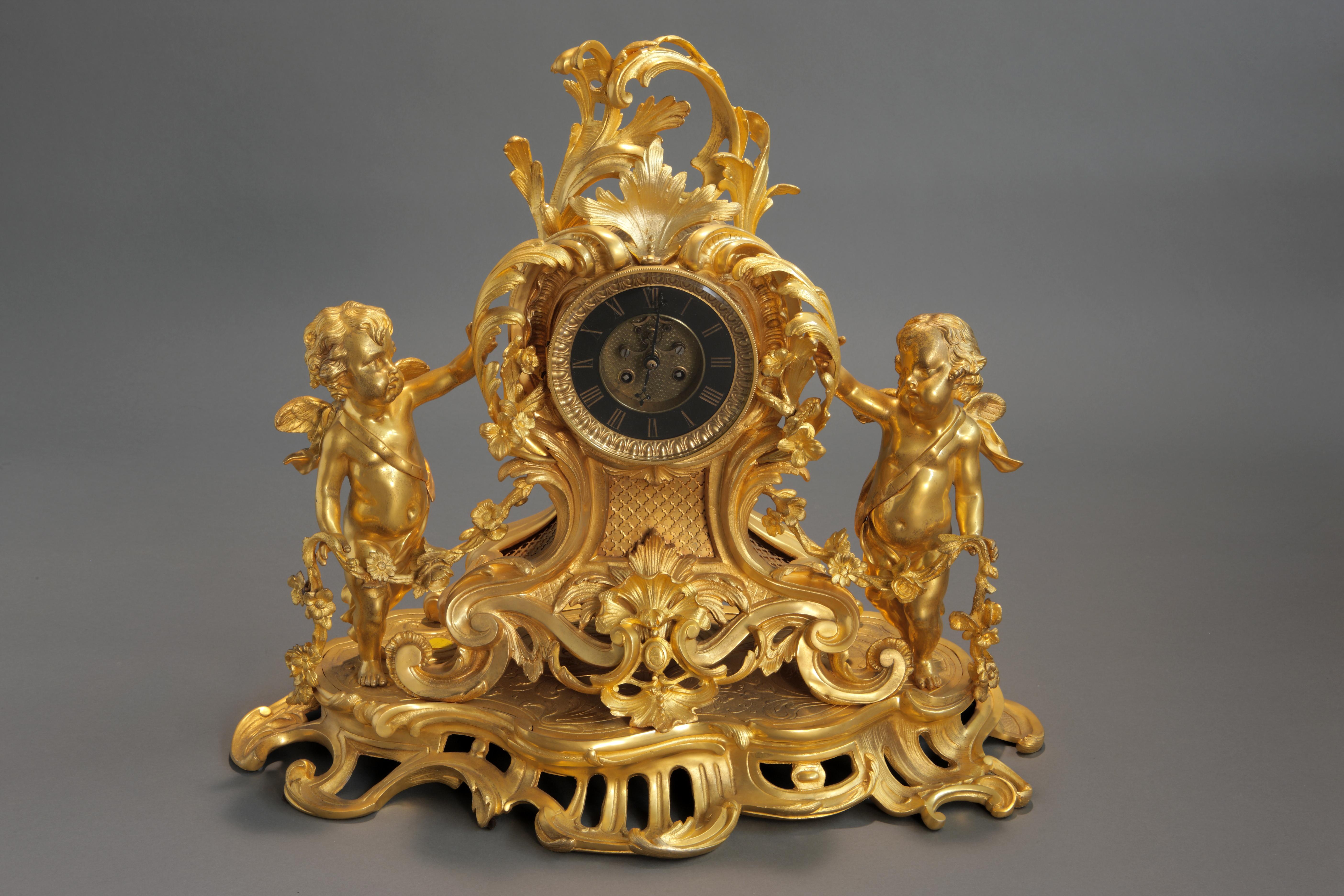 19th Century French Gilt Bronze Clock Garniture In Excellent Condition In Los Angeles, CA