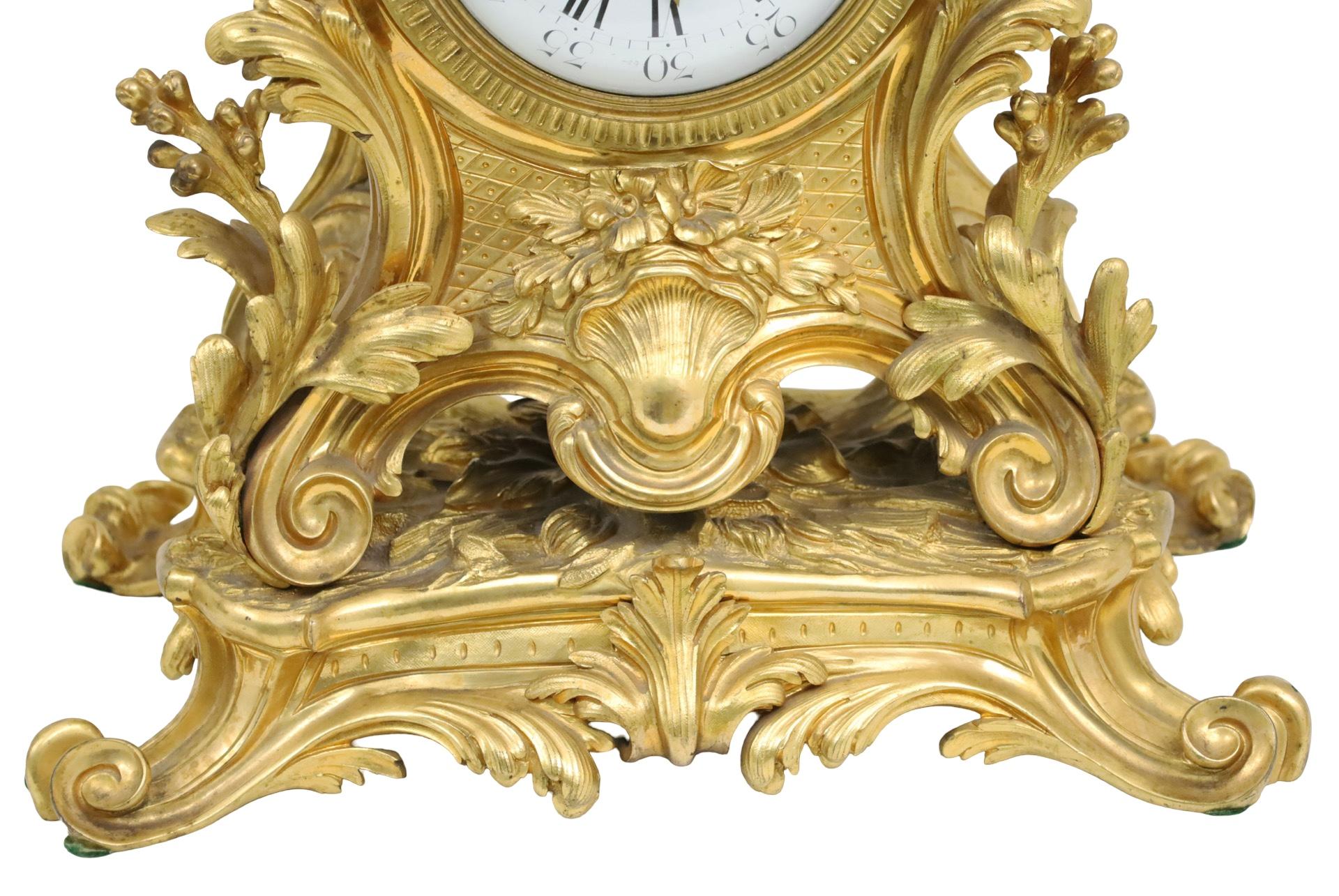 Enameled 19th Century French Gilt Bronze Clock Set, Crouille Filo For Sale