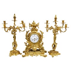 19th Century French Gilt Bronze Clock Set, Crouille Filo
