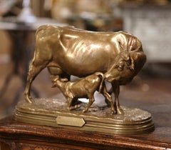 19th Century French Gilt Bronze Cow and Calf Sculpture Signed Isidore Bonheur