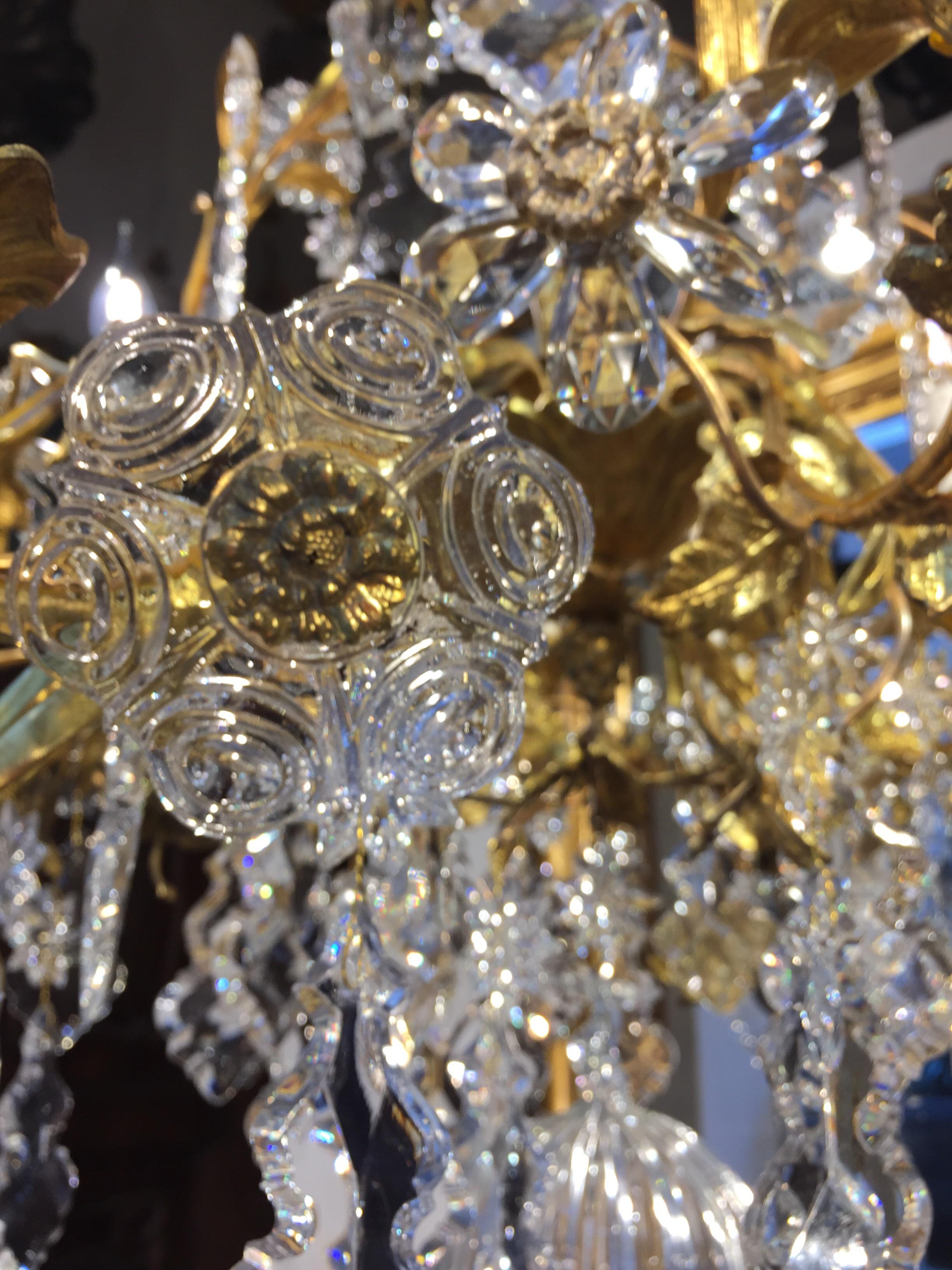 Louis XV 19th Century French Fire Gilt Bronze Crystal Twelve-Branch Floral Chandelier For Sale