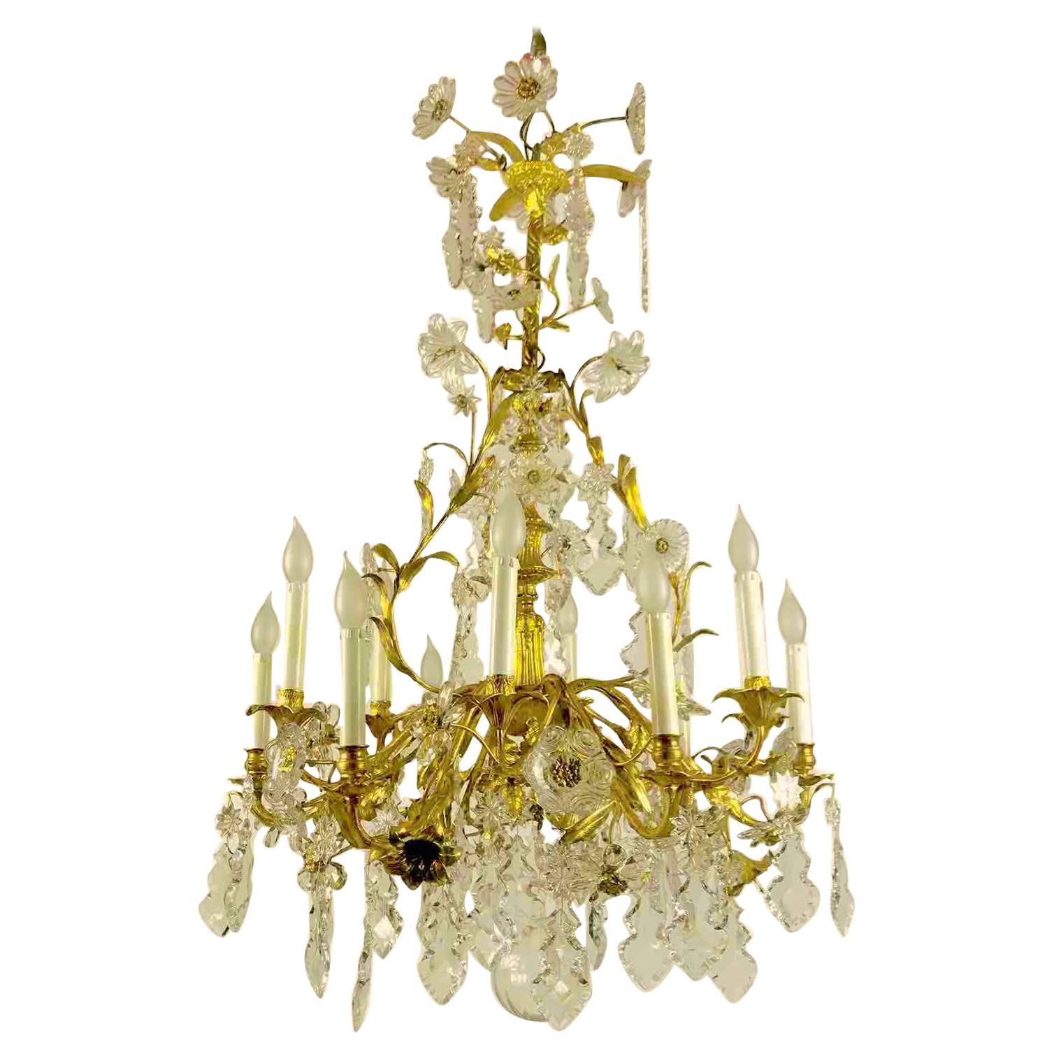 19th Century French Fire Gilt Bronze Crystal Twelve-Branch Floral Chandelier For Sale