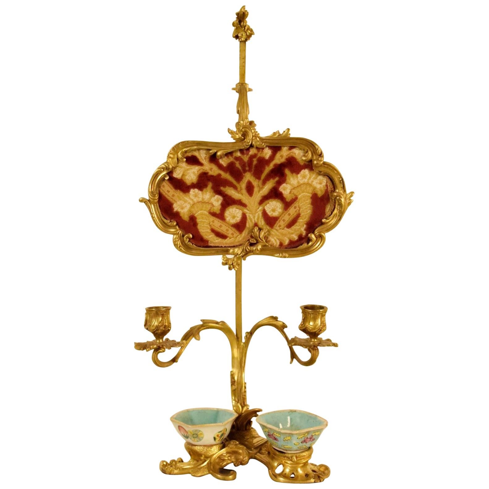 19th Century French Gilt Bronze Desk Candlestick with Cinese Ceramic Inkwell