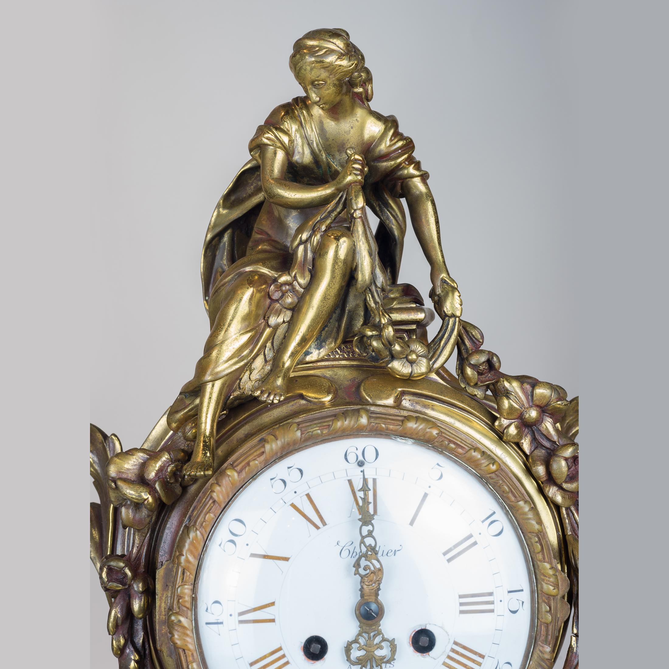 19th Century French Gilt Bronze Figural Mantel Clock In Good Condition In New York, NY
