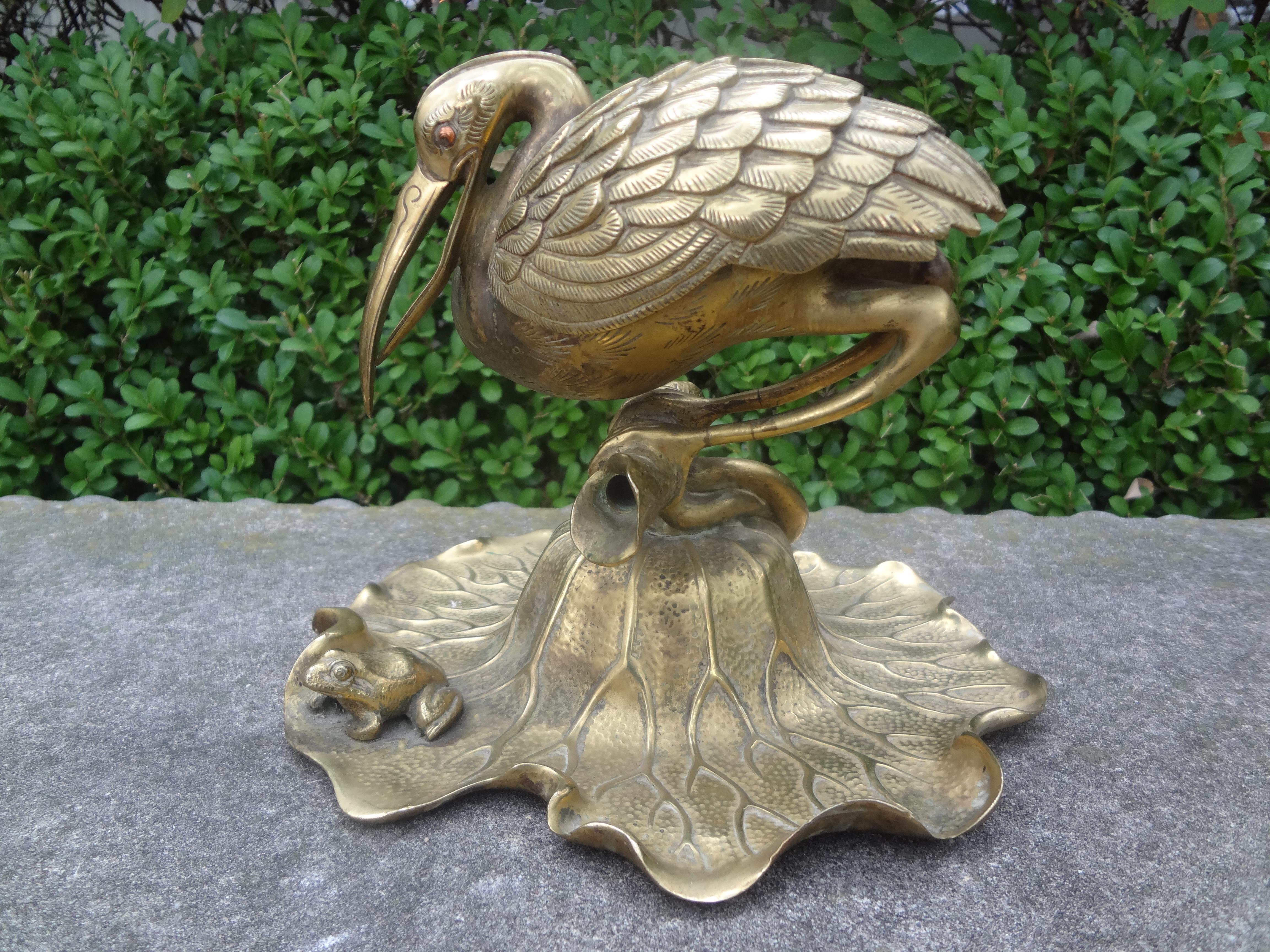 19th century French gilt bronze inkwell.
This stunning French Art Nouveau Napoleon III gilt bronze inkwell depicts a crane, heron or water fowl resting on a lily pad with a frog. Our bronze inkwell has a slide for a pen. Unfortunately unsigned but