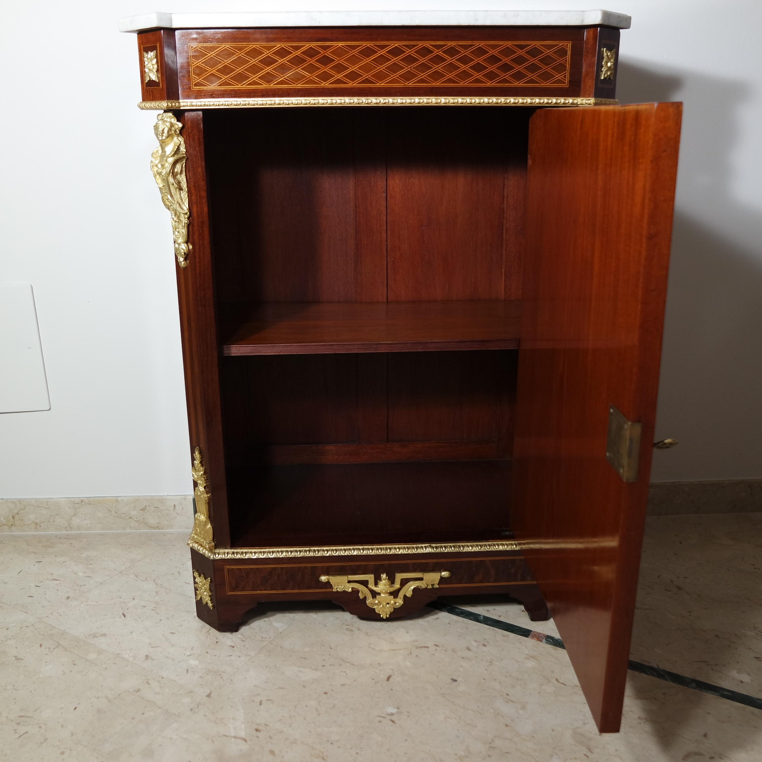 Walnut 19th Century French Gilt Bronze Inlaid Marble-Top Side Cabinet For Sale