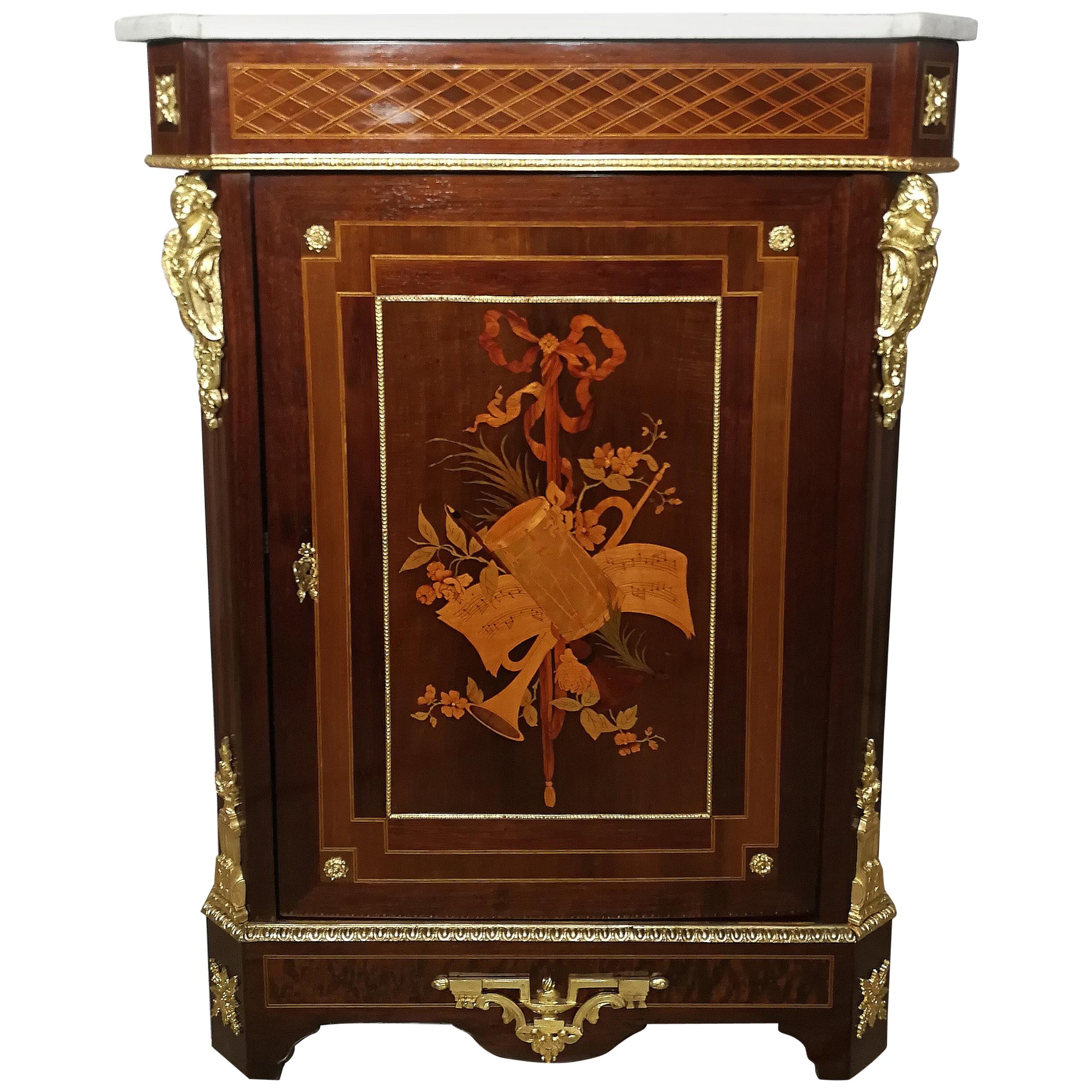 19th Century French Gilt Bronze Inlaid Marble-Top Side Cabinet For Sale