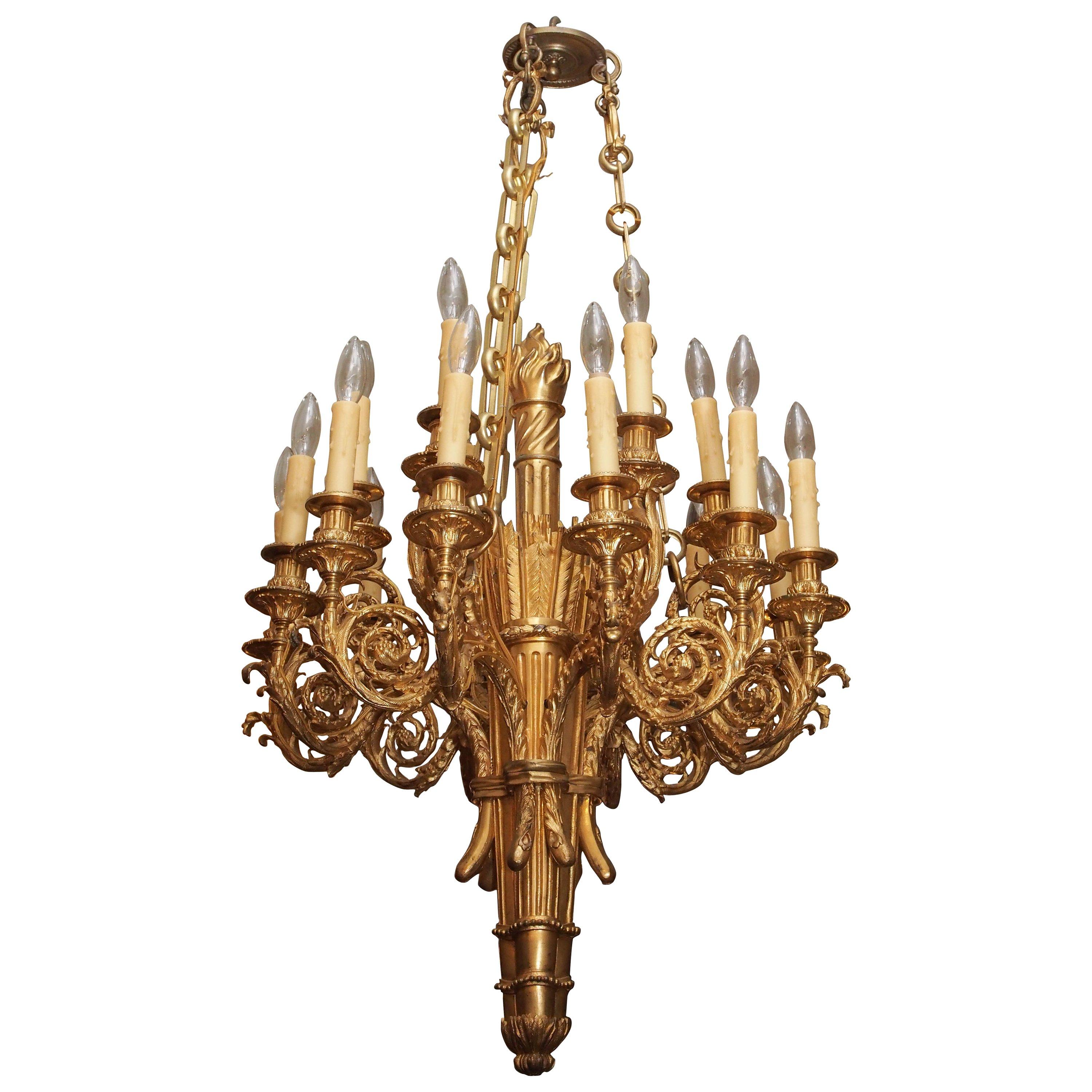 19th Century French Gilt Bronze Louis XVI Style Chandelier with Eighteen Lights