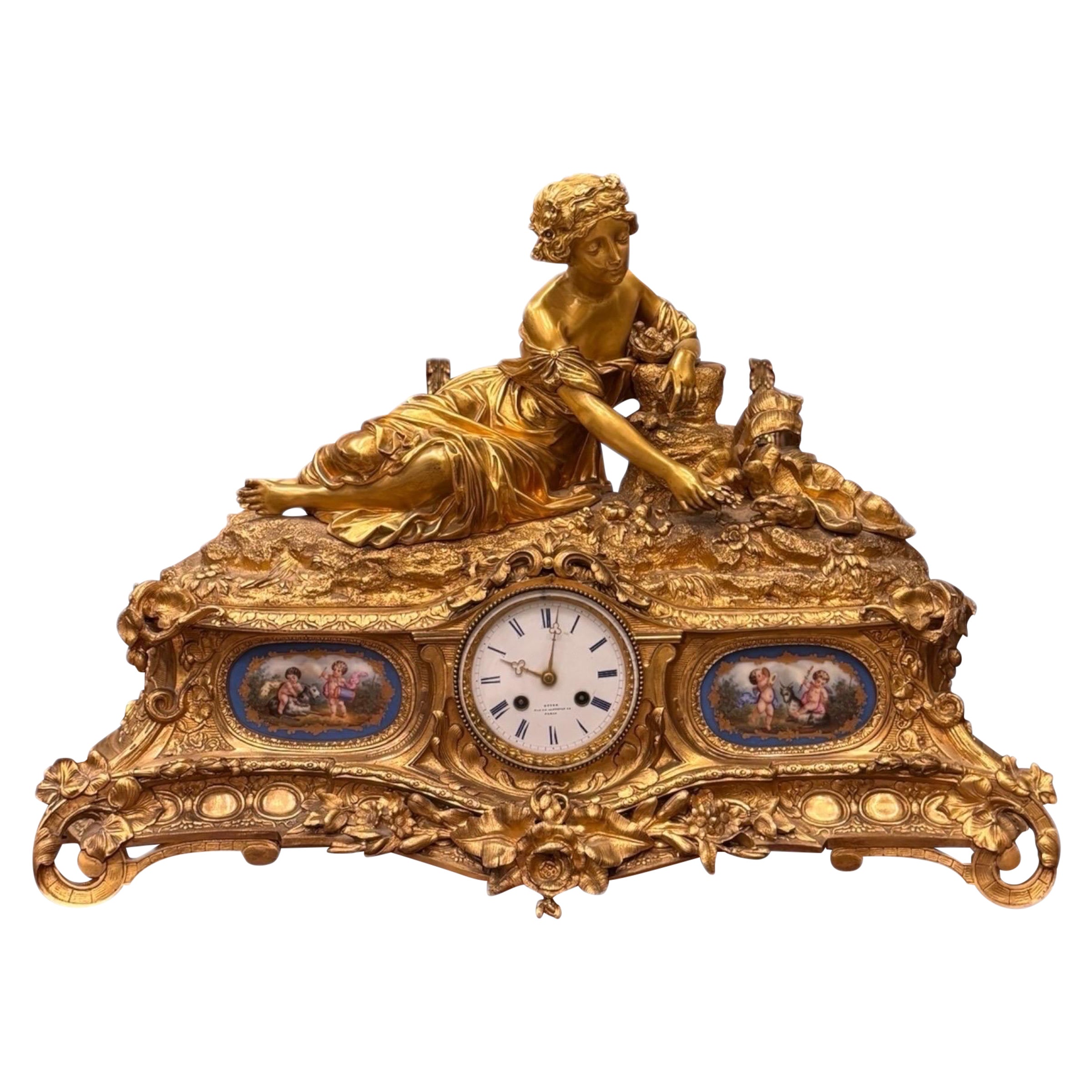 19th Century French Gilt Bronze Mantel Clock with Enamel Panels