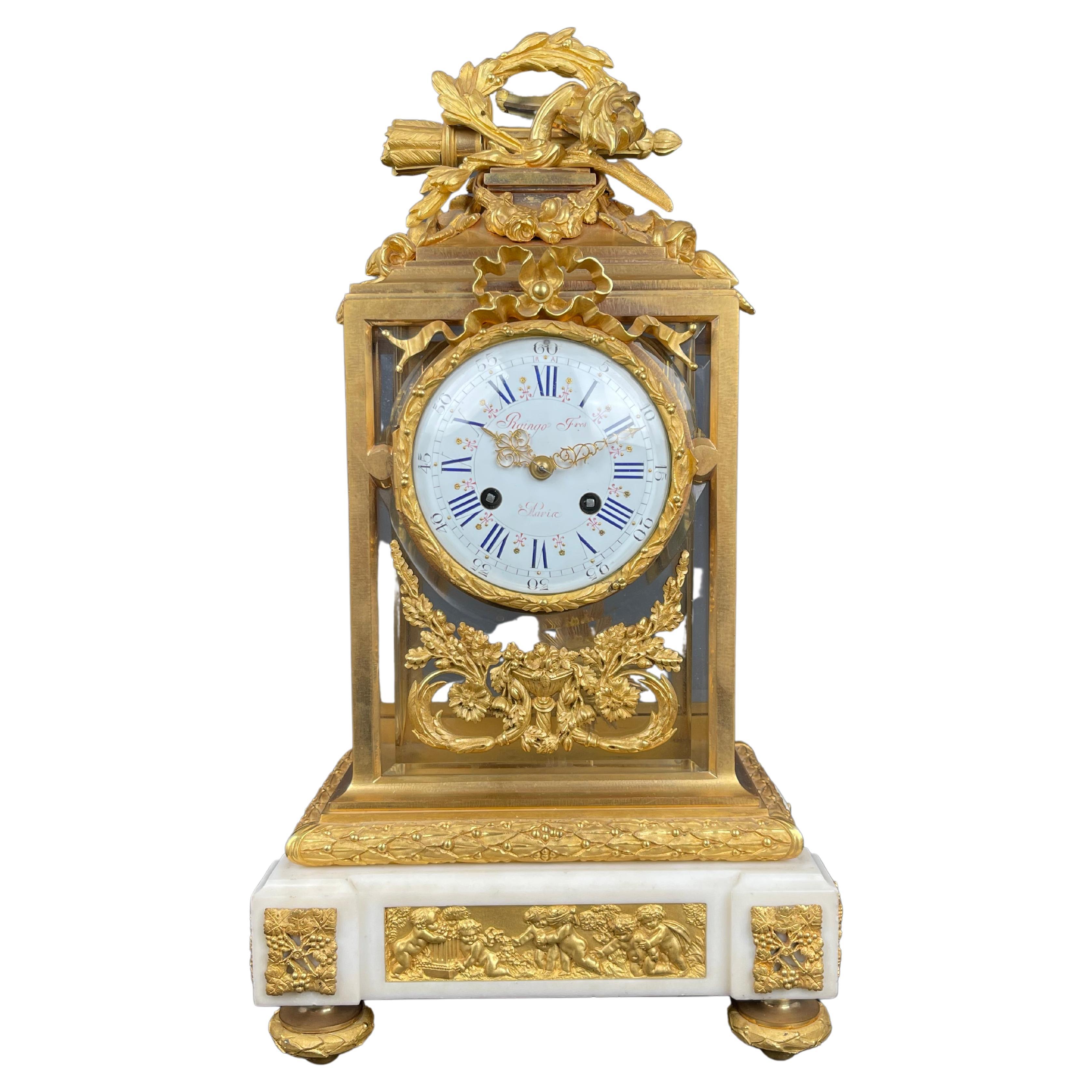 19th Century French Gilt Bronze & Marble Mantel Clock By Raingo Freres