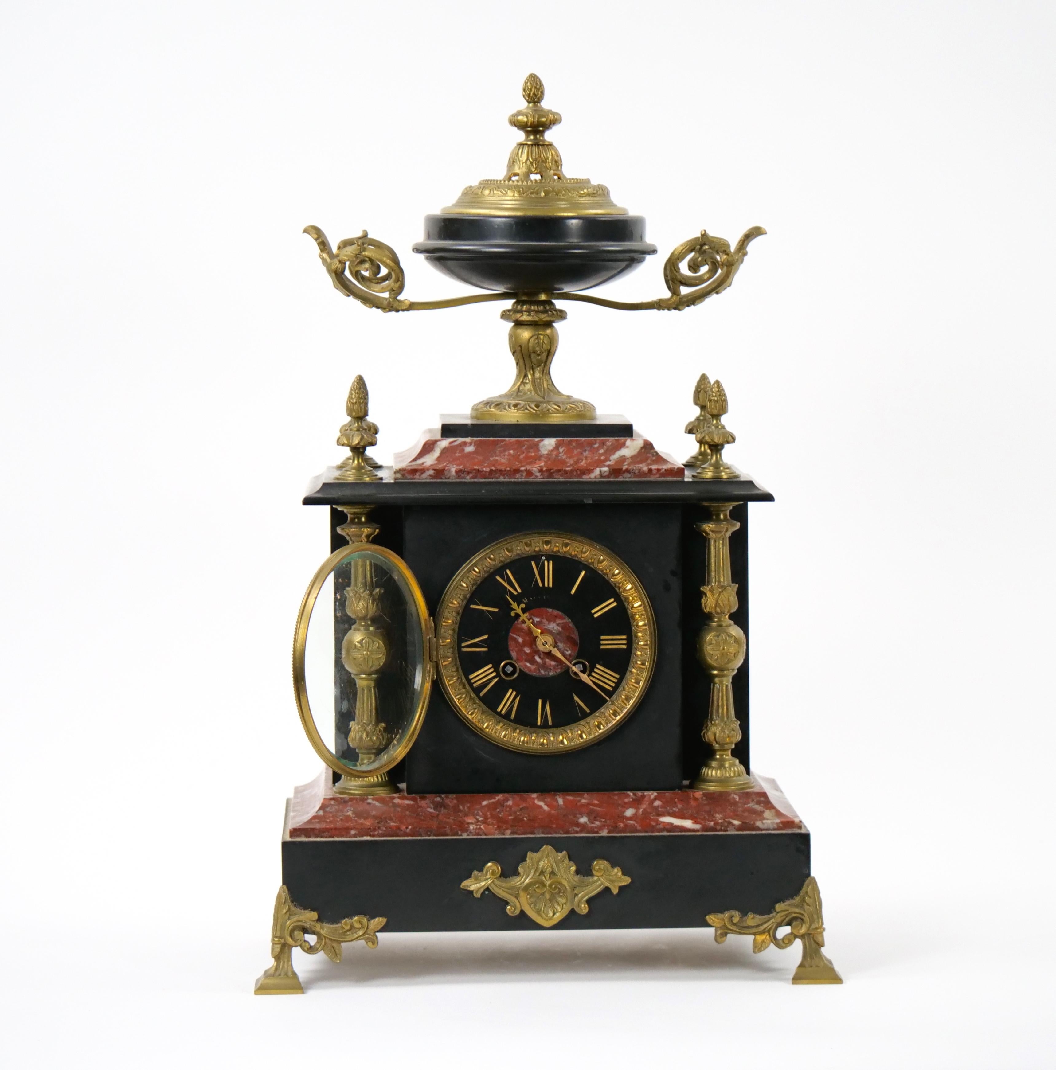 Victorian 19th Century French Gilt Bronze-Mounted Slate & Rouge Marble Mantel Clock For Sale