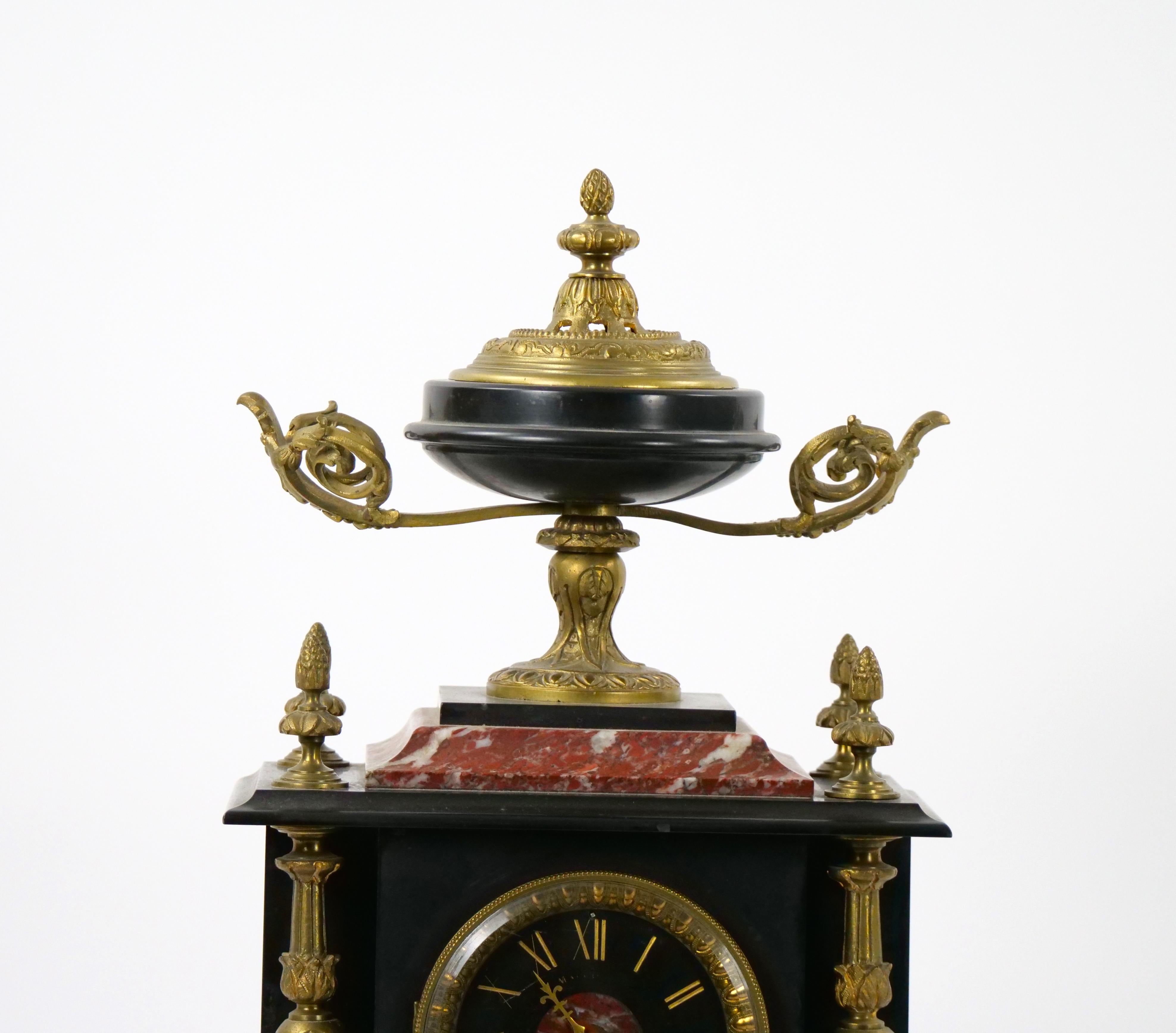 Mid-19th Century 19th Century French Gilt Bronze-Mounted Slate & Rouge Marble Mantel Clock For Sale