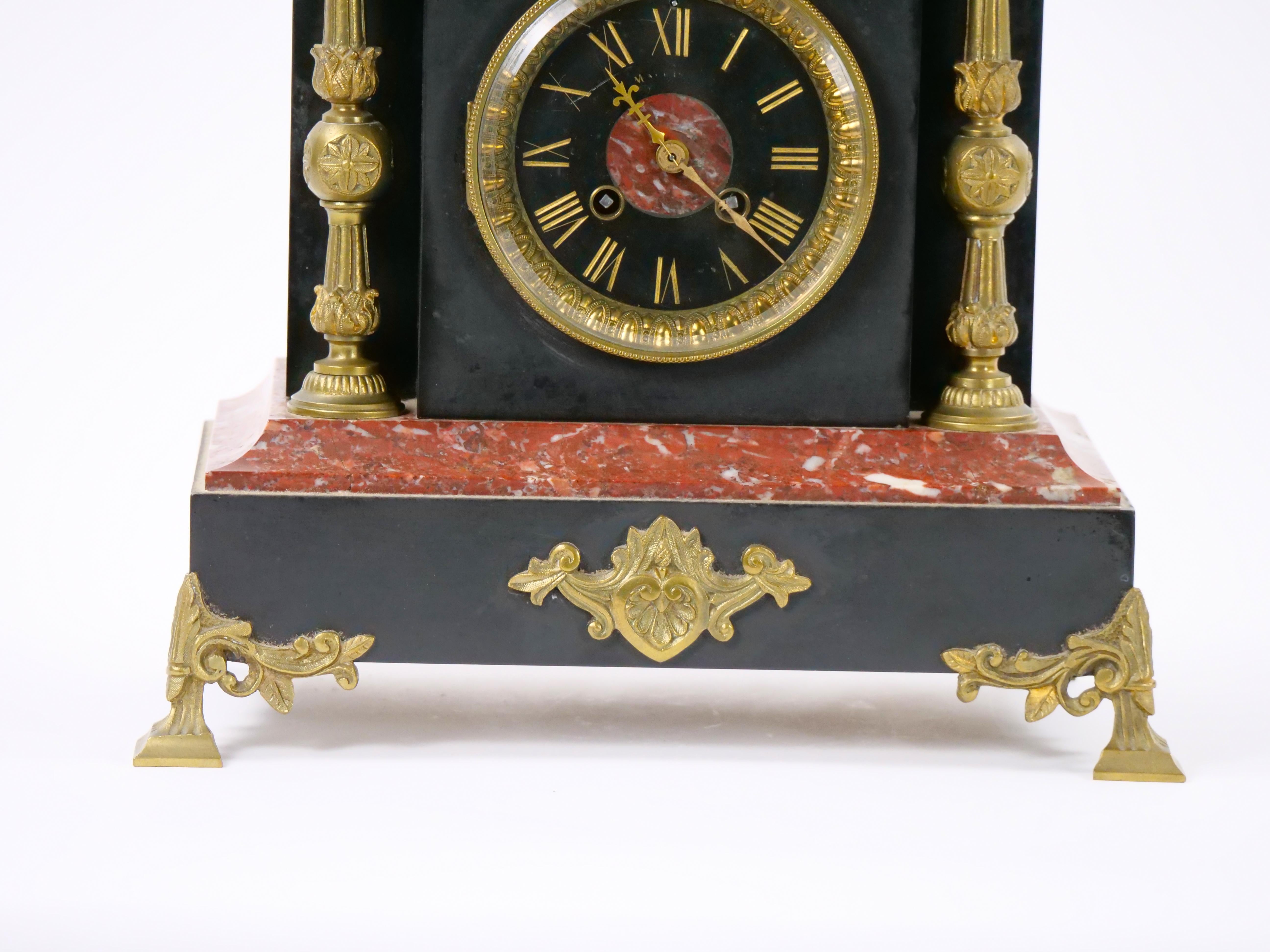19th Century French Gilt Bronze-Mounted Slate & Rouge Marble Mantel Clock For Sale 3