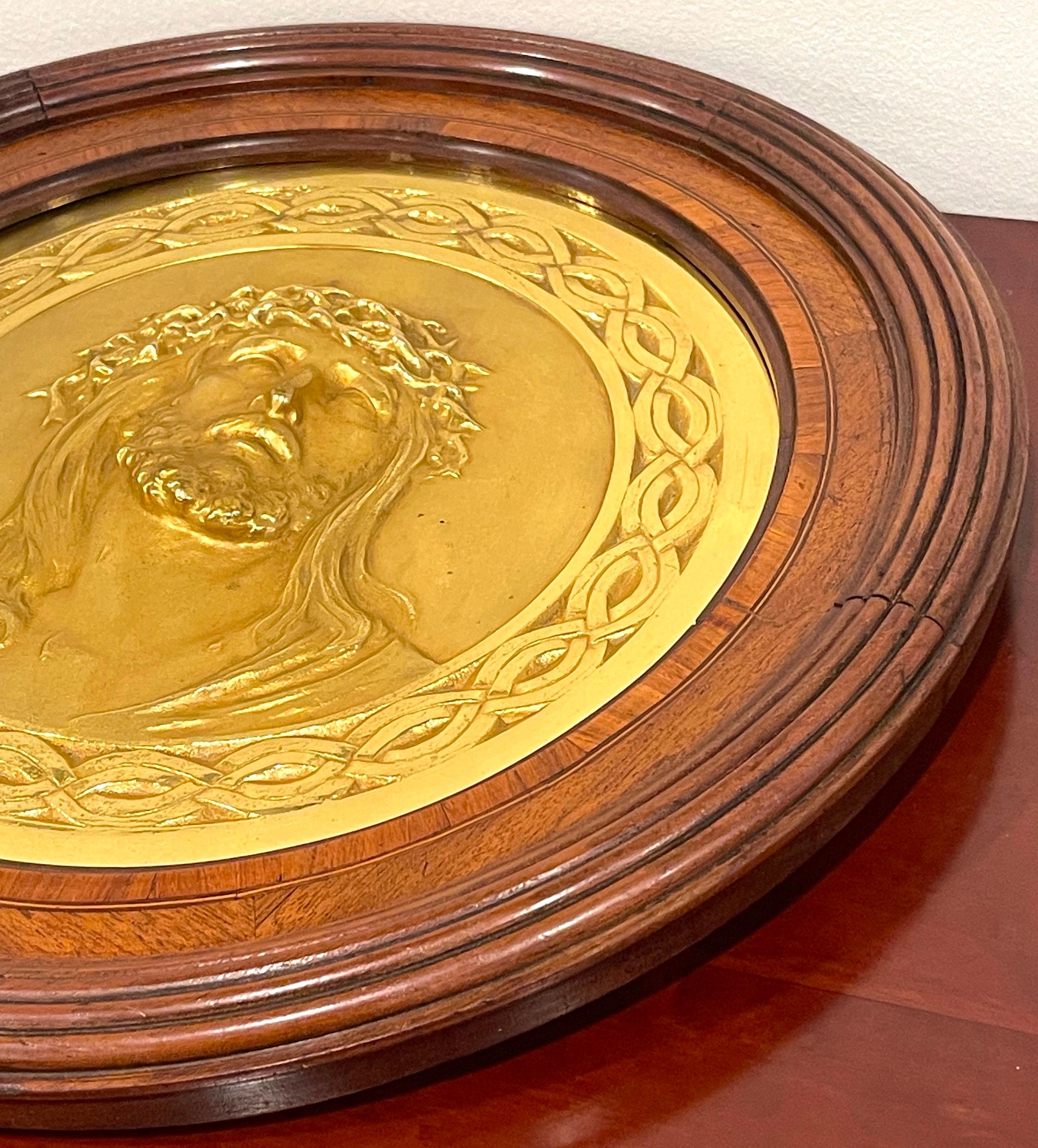 19th Century French Gilt Bronze Portrait Plaque of Jesus with Crown of Thorns For Sale 3