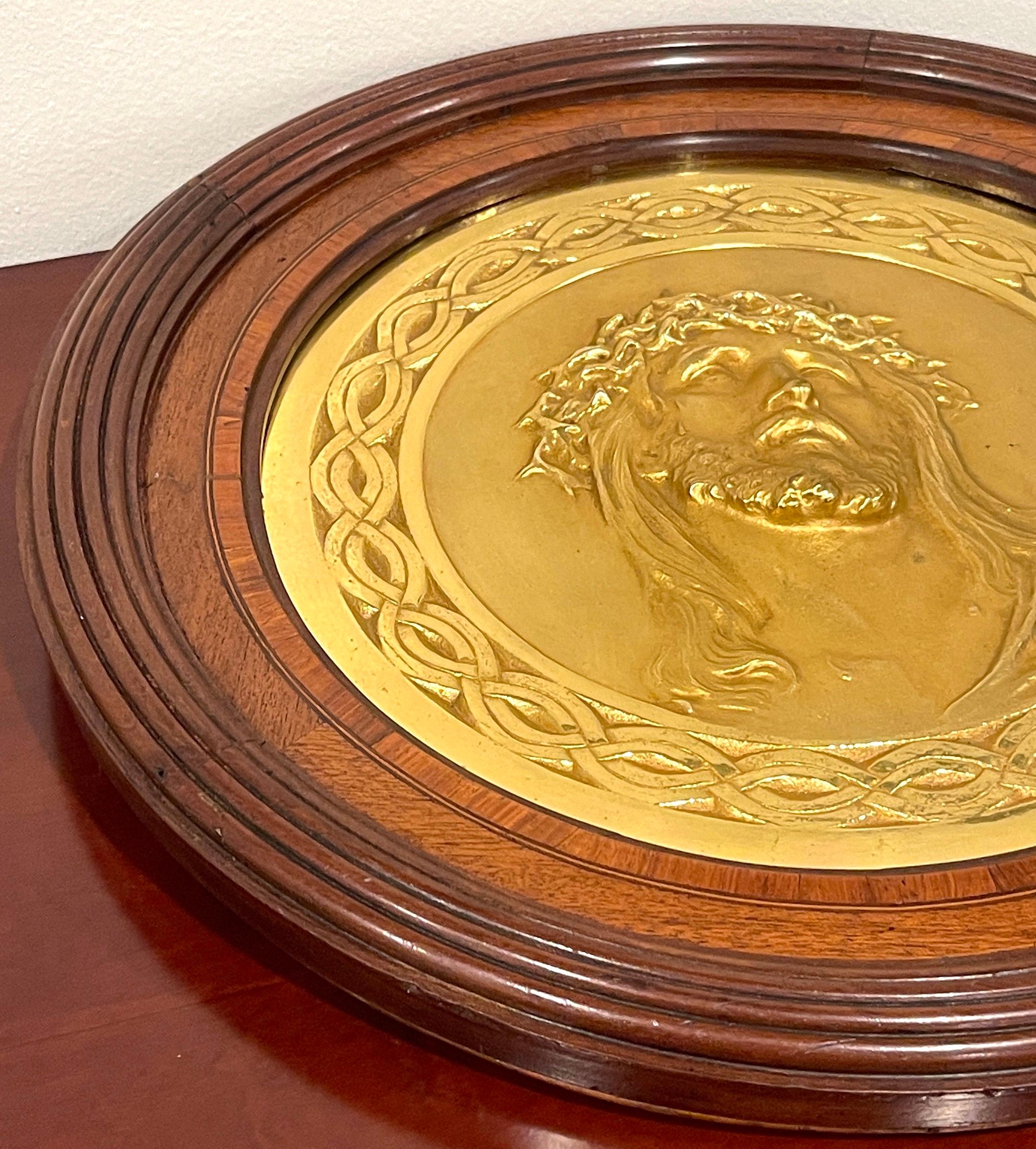 19th Century French Gilt Bronze Portrait Plaque of Jesus with Crown of Thorns For Sale 4