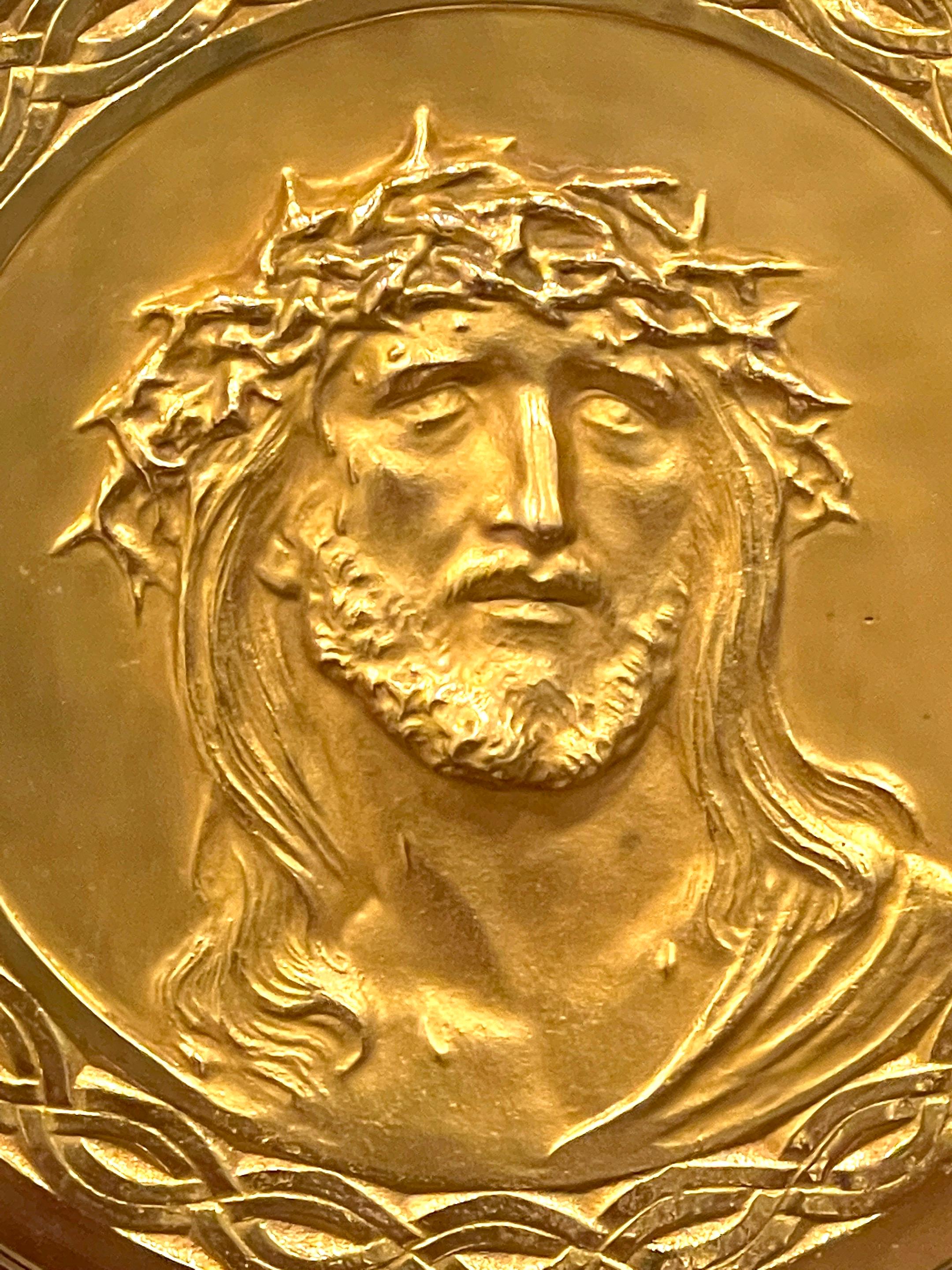 Cast 19th Century French Gilt Bronze Portrait Plaque of Jesus with Crown of Thorns For Sale
