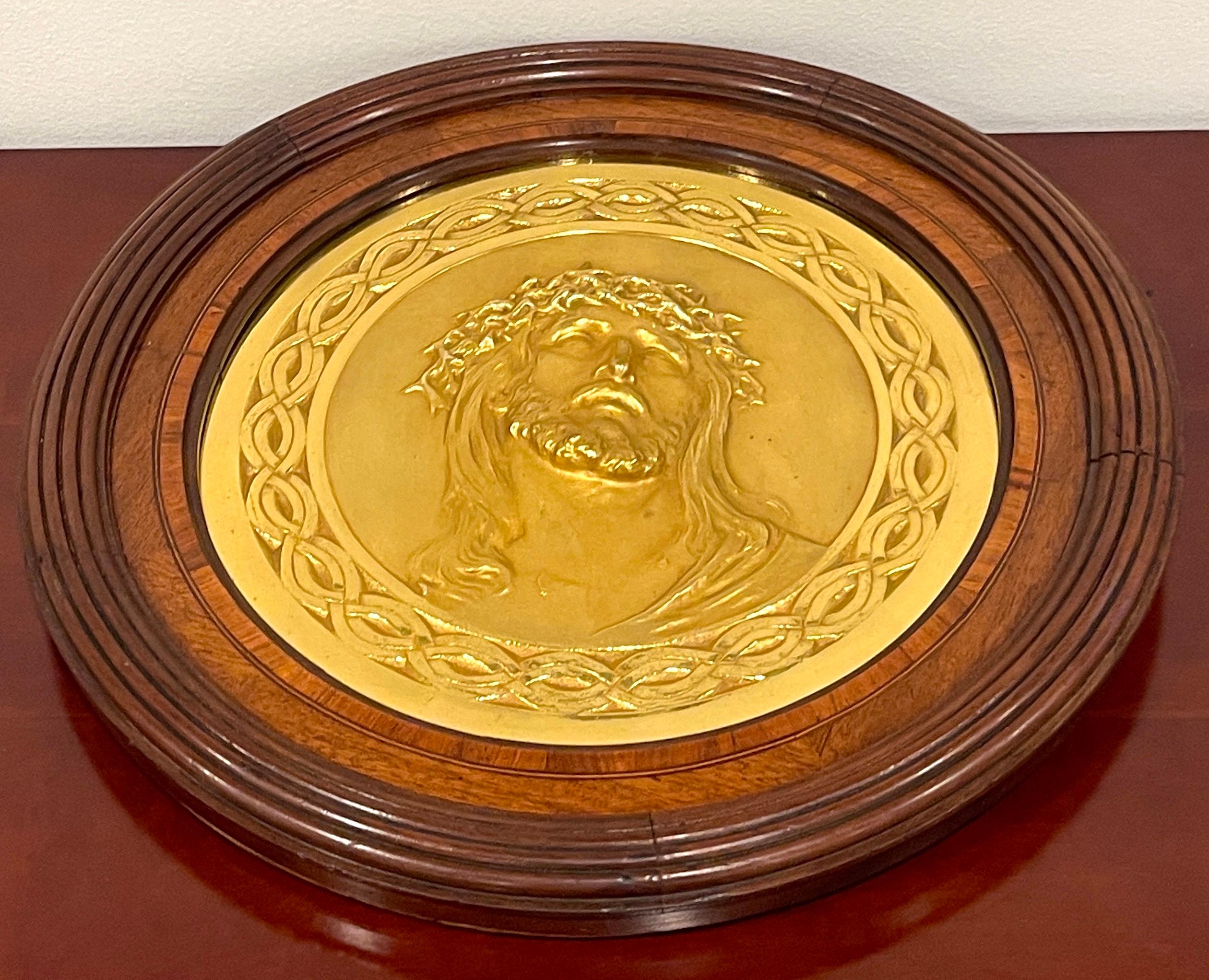 19th Century French Gilt Bronze Portrait Plaque of Jesus with Crown of Thorns For Sale 1