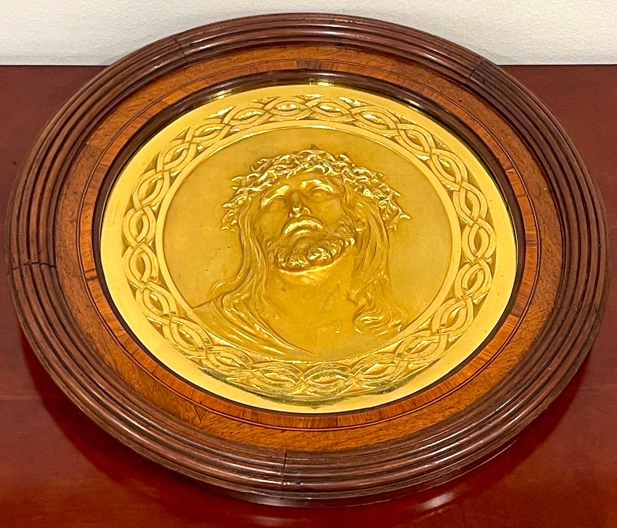 19th Century French Gilt Bronze Portrait Plaque of Jesus with Crown of Thorns For Sale 2