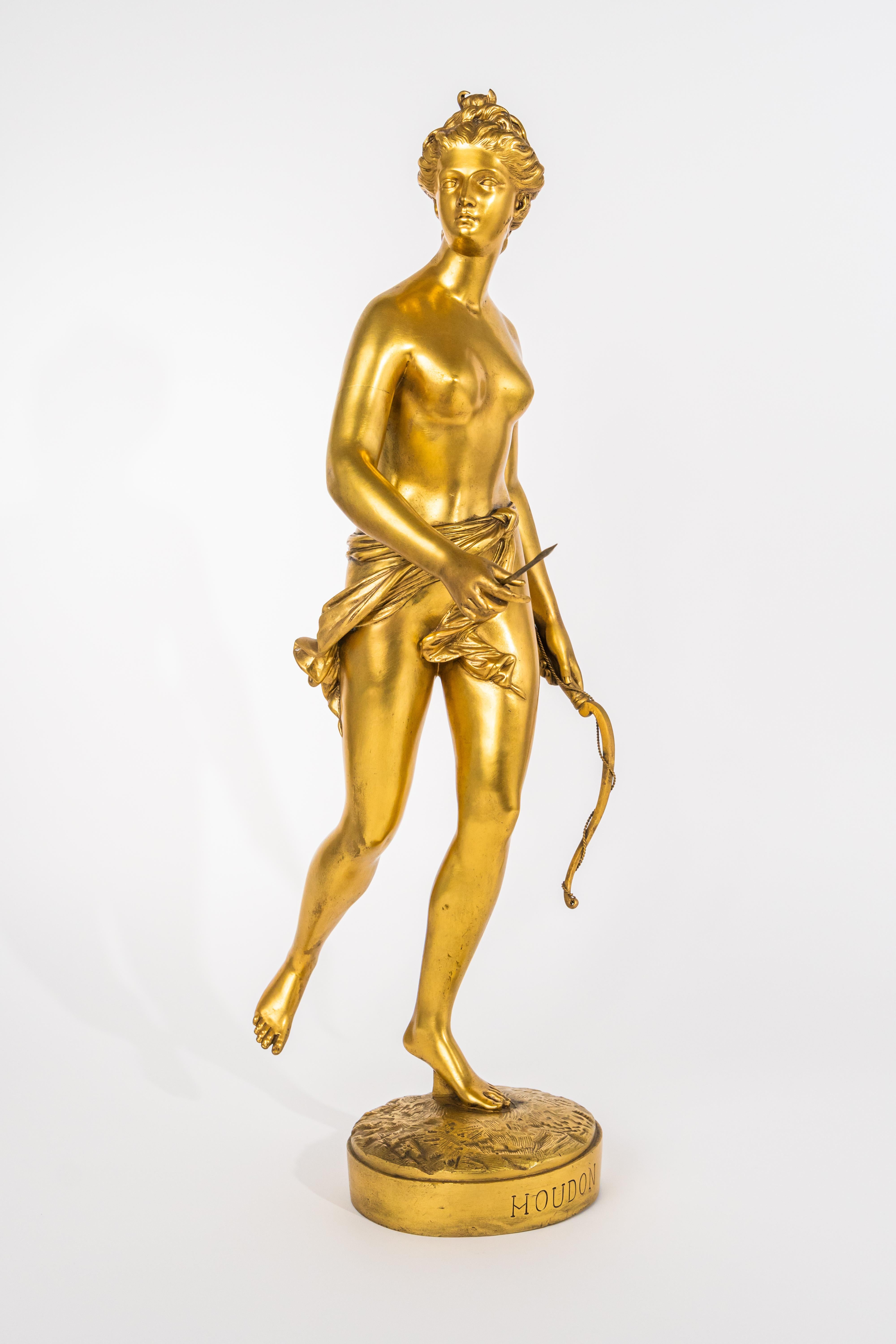 Cast 19th Century French Gilt Bronze Sculpture of Diana the Huntress