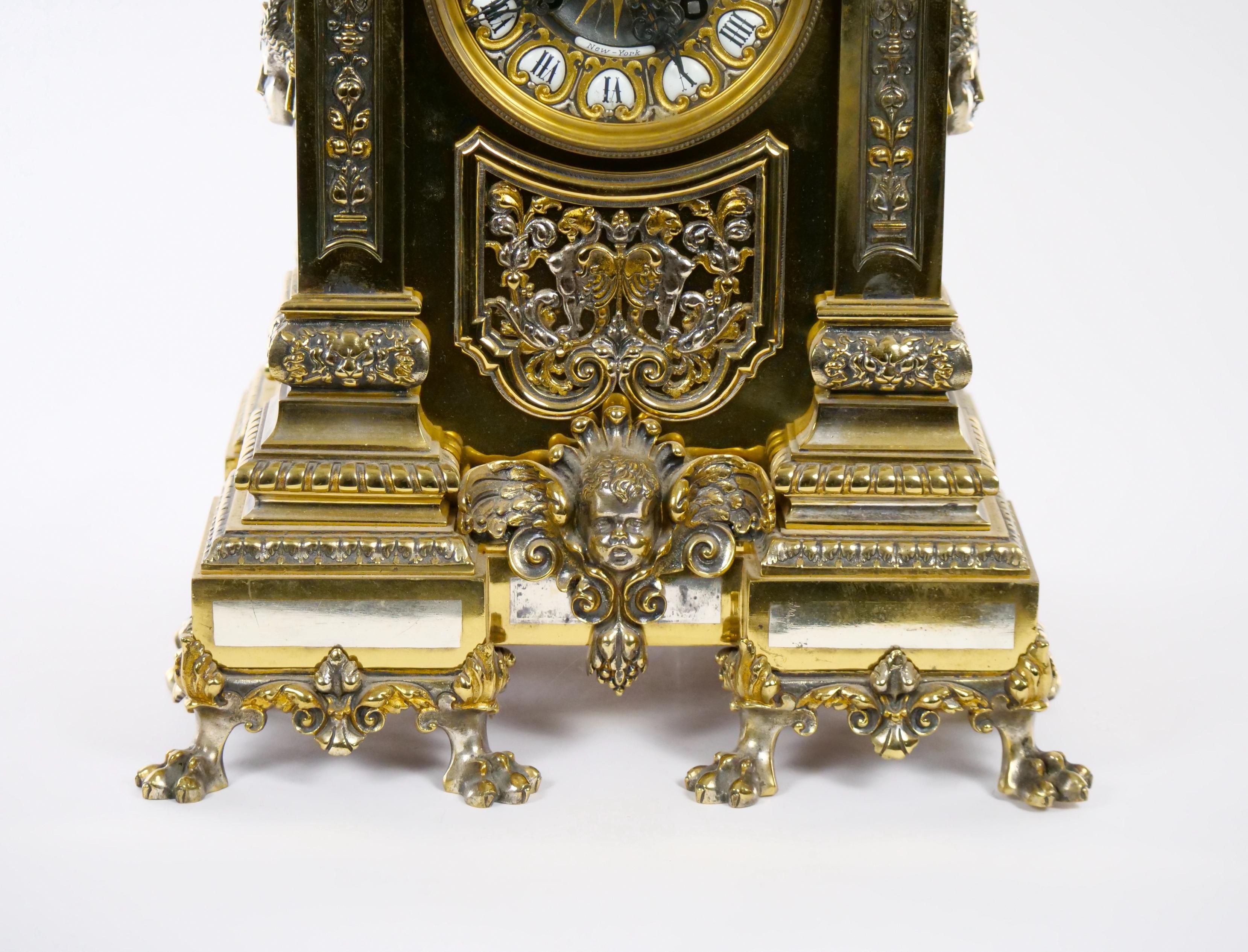19th Century French Gilt Bronze & Silvered Three Piece Clock Garniture For Sale 6
