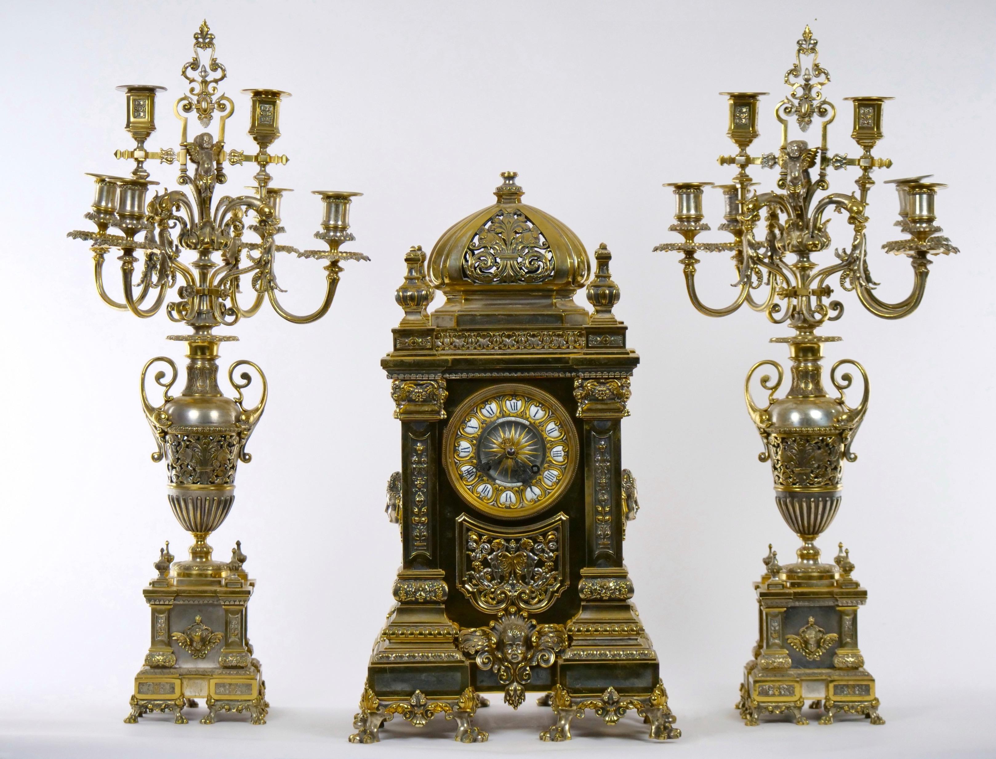 American Empire 19th Century French Gilt Bronze & Silvered Three Piece Clock Garniture For Sale