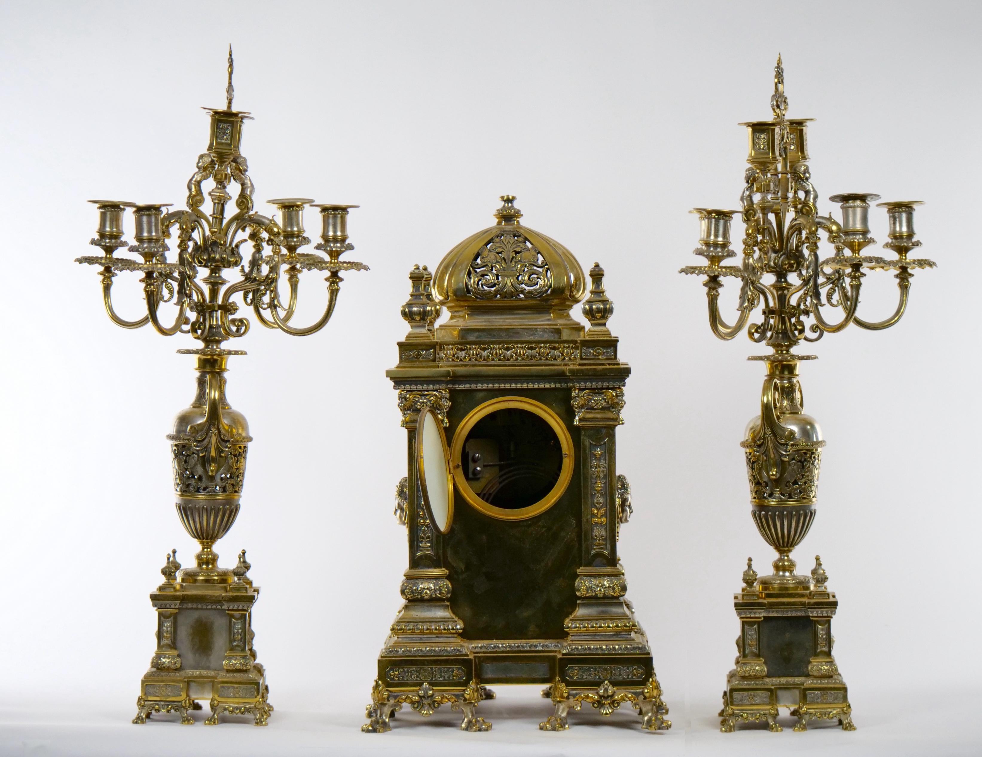 19th Century French Gilt Bronze & Silvered Three Piece Clock Garniture In Good Condition For Sale In Tarry Town, NY