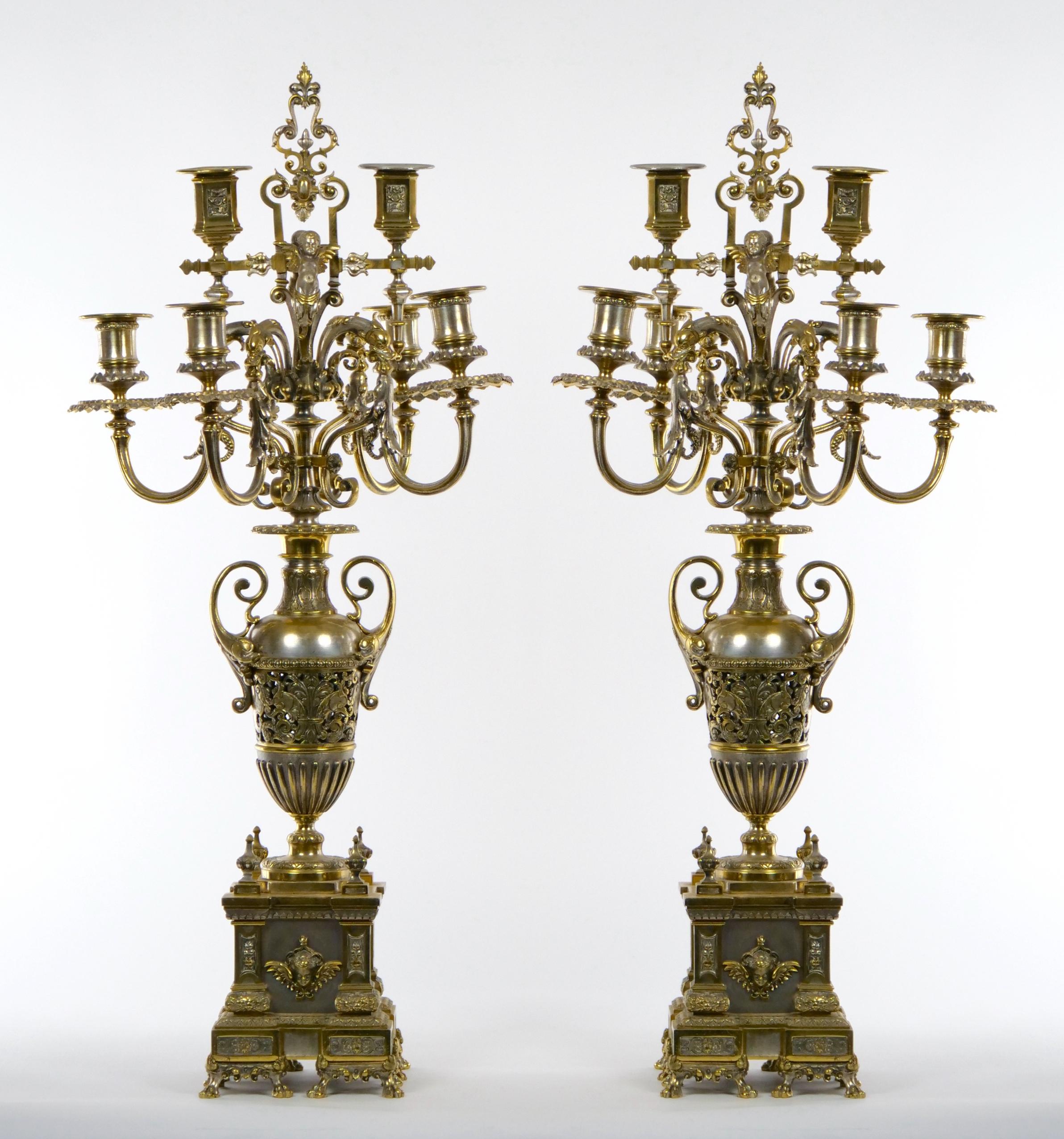 Mid-19th Century 19th Century French Gilt Bronze & Silvered Three Piece Clock Garniture For Sale