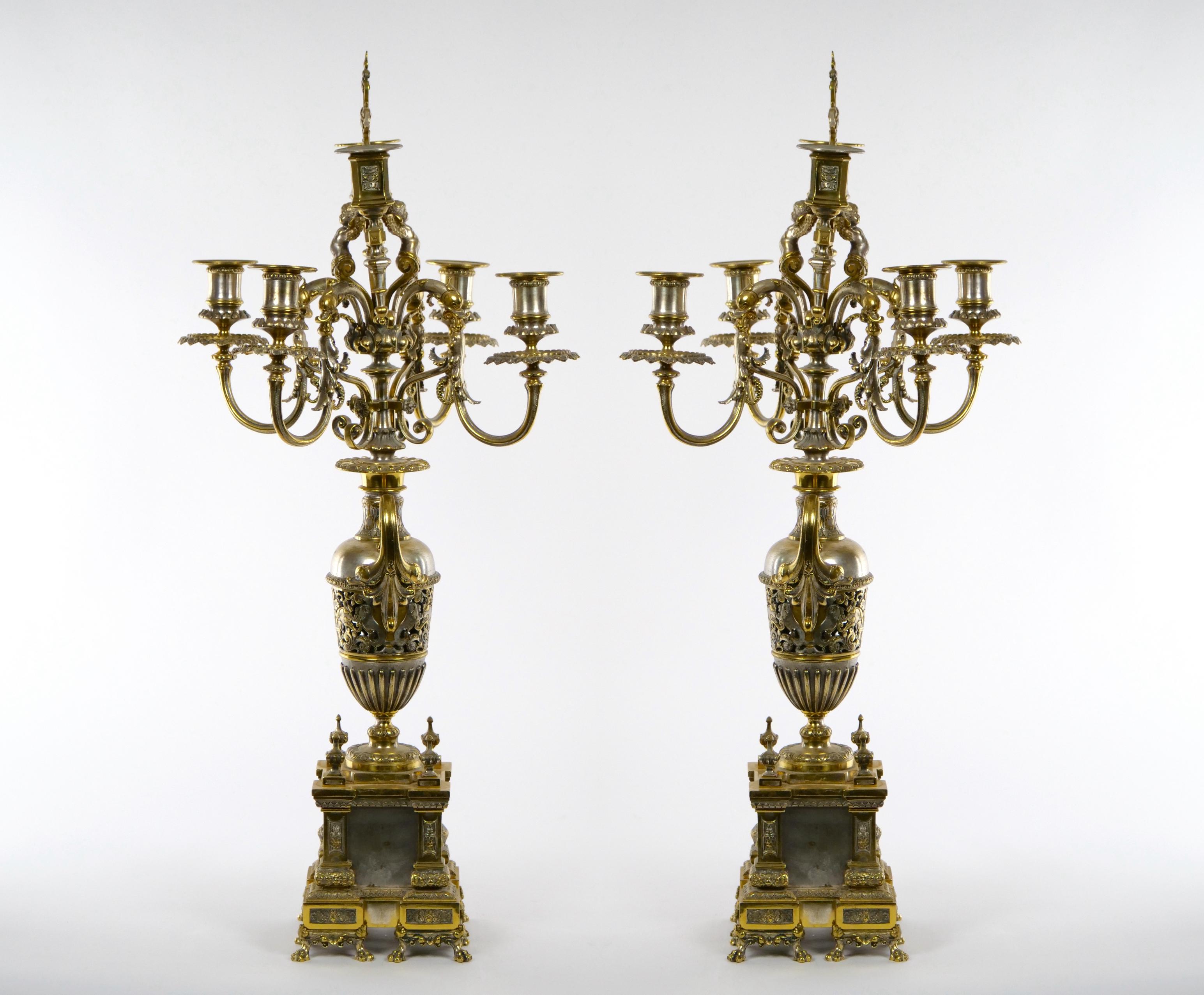 Brass 19th Century French Gilt Bronze & Silvered Three Piece Clock Garniture For Sale