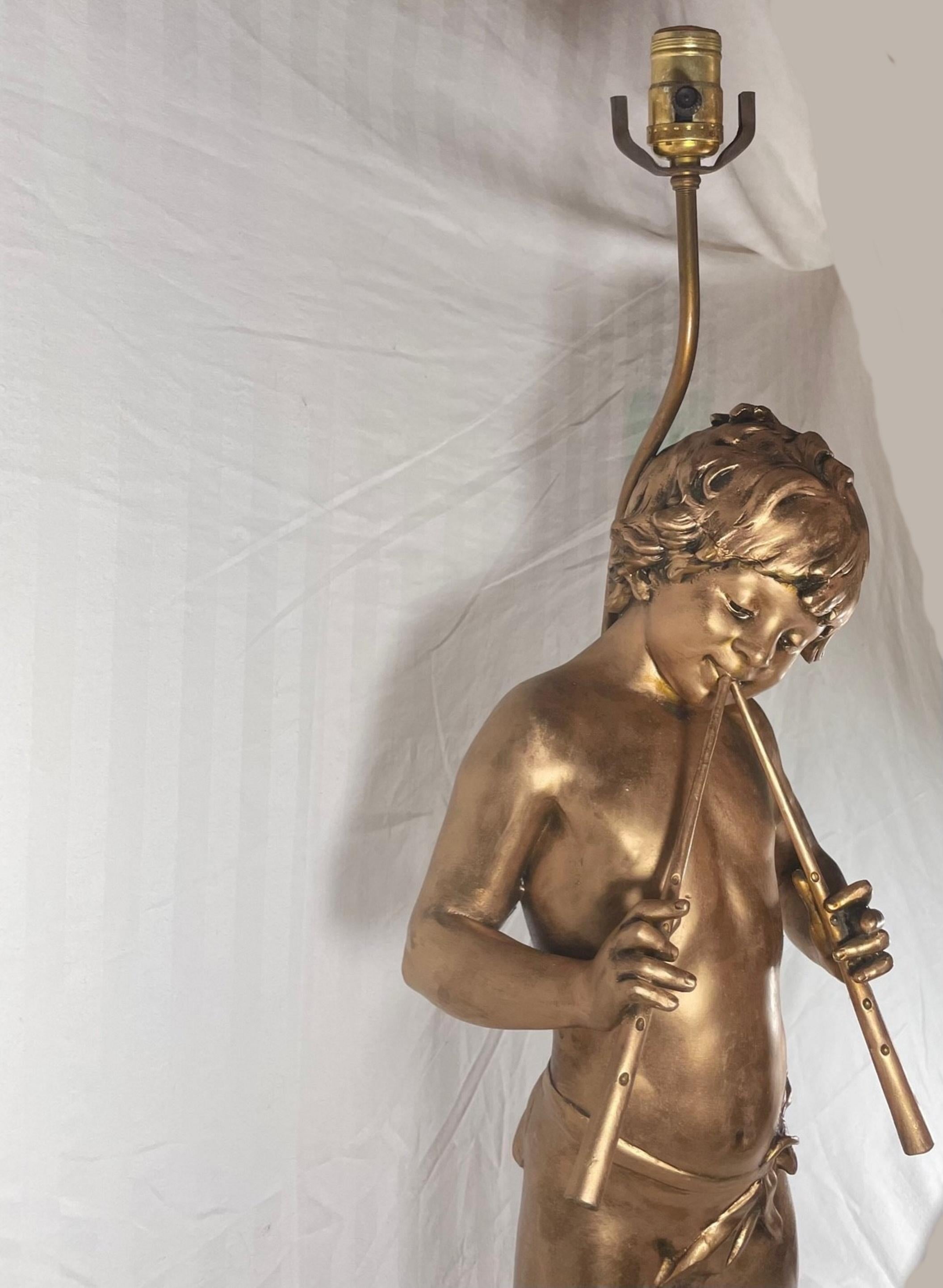 19th Century French Gilt Bronzed Lamp Sculpture “Boy with Flute”, Signed Moreau. For Sale 5