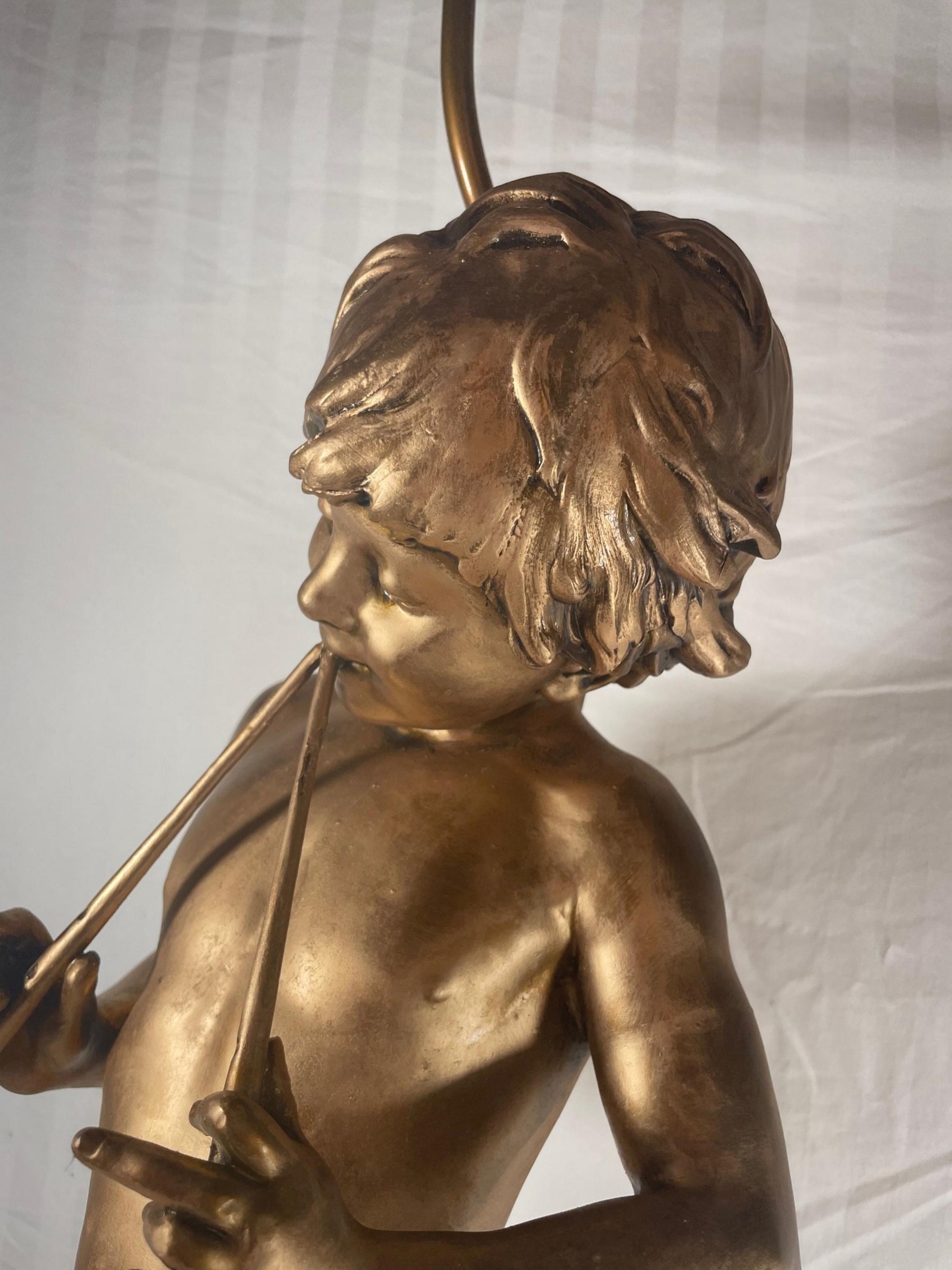19th Century French Gilt Bronzed Lamp Sculpture “Boy with Flute”, Signed Moreau. For Sale 6