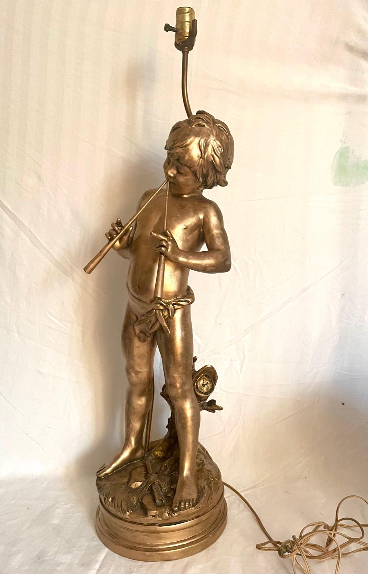 19th Century French Gilt Bronzed Lamp Sculpture “Boy with Flute”, Signed Moreau. For Sale 7