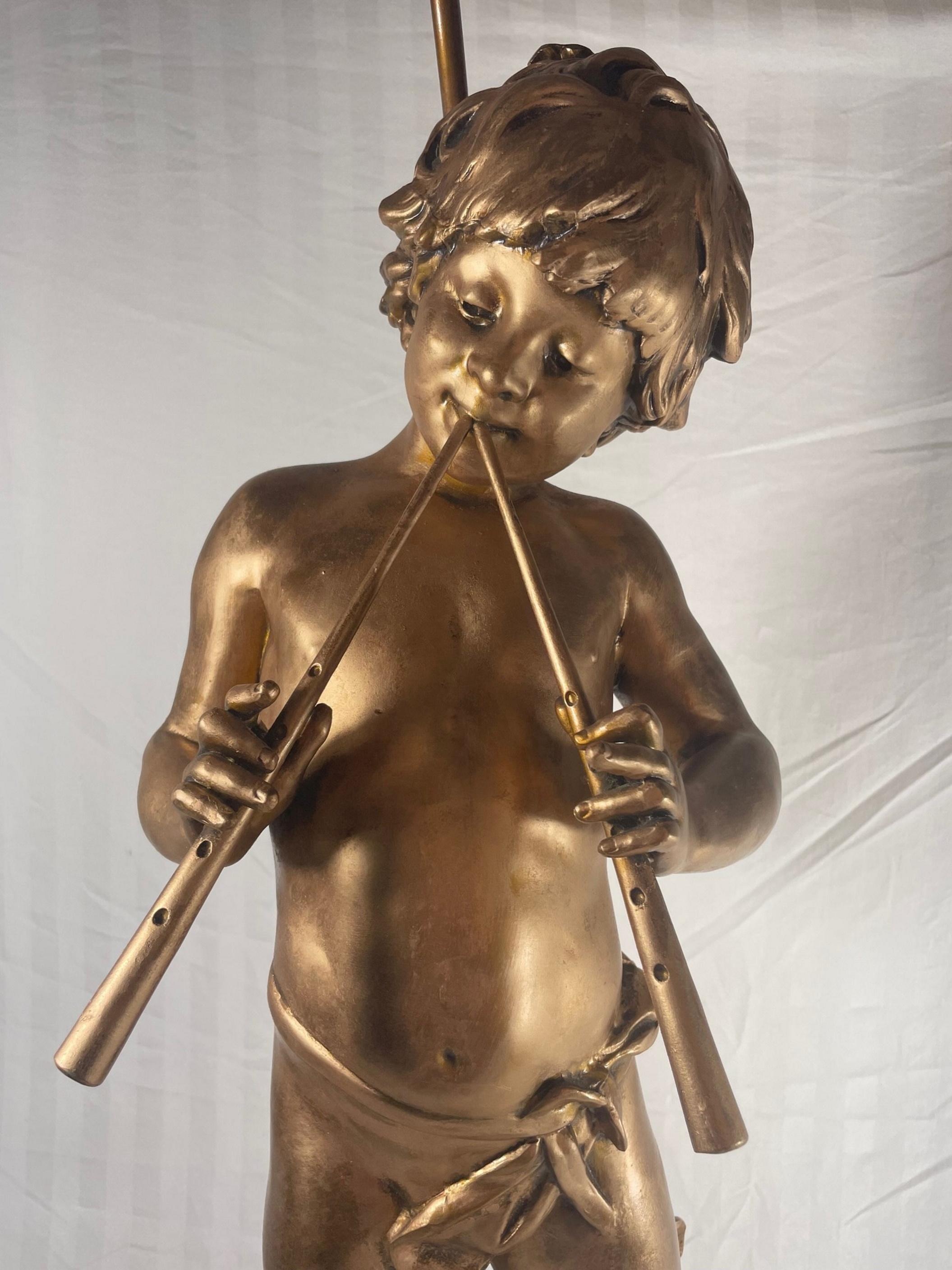 Belle Époque 19th Century French Gilt Bronzed Lamp Sculpture “Boy with Flute”, Signed Moreau. For Sale
