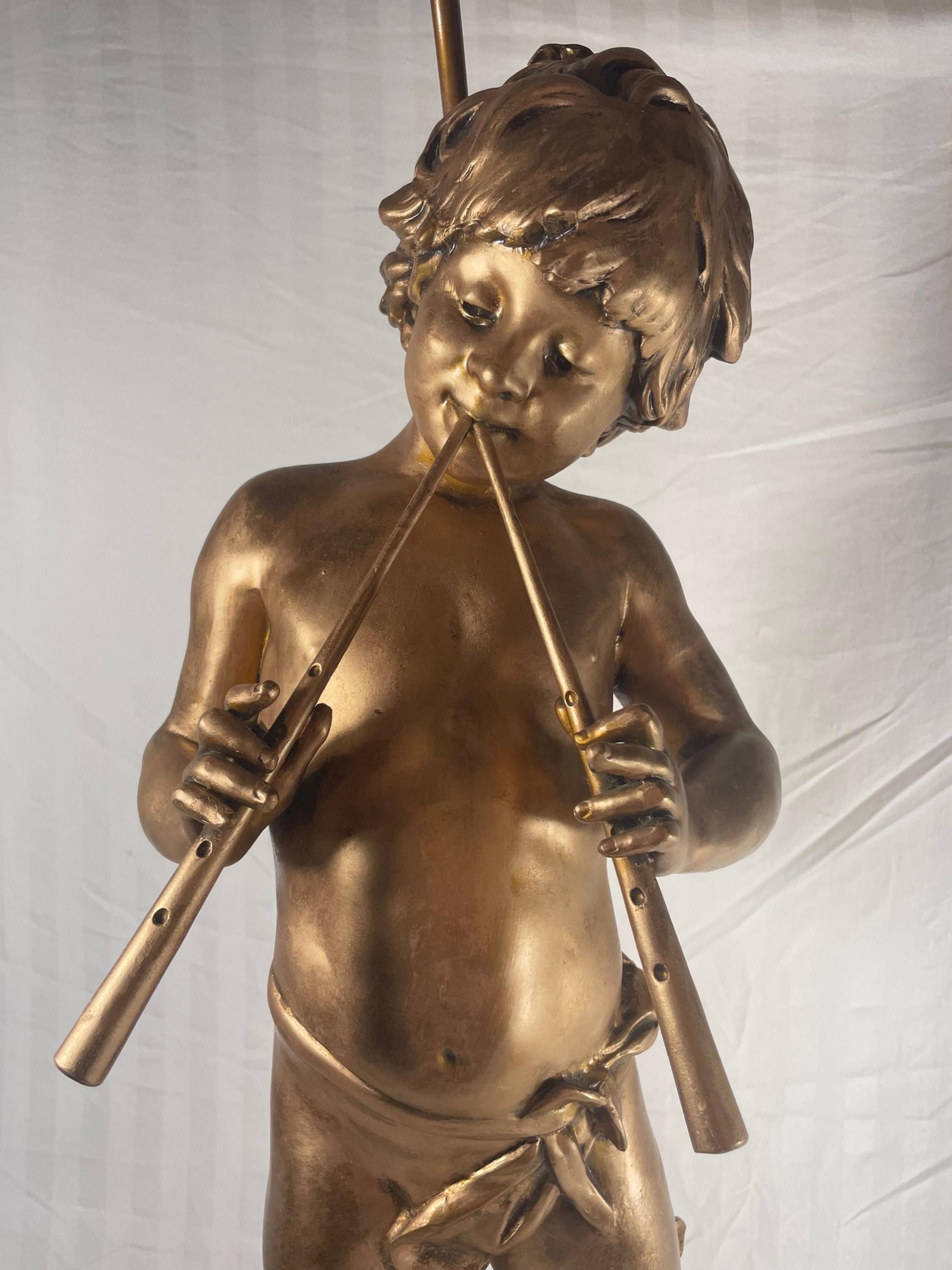 Belle Époque 19th Century French Gilt Bronzed Lamp Sculpture “Boy with Flute”, Signed Moreau.