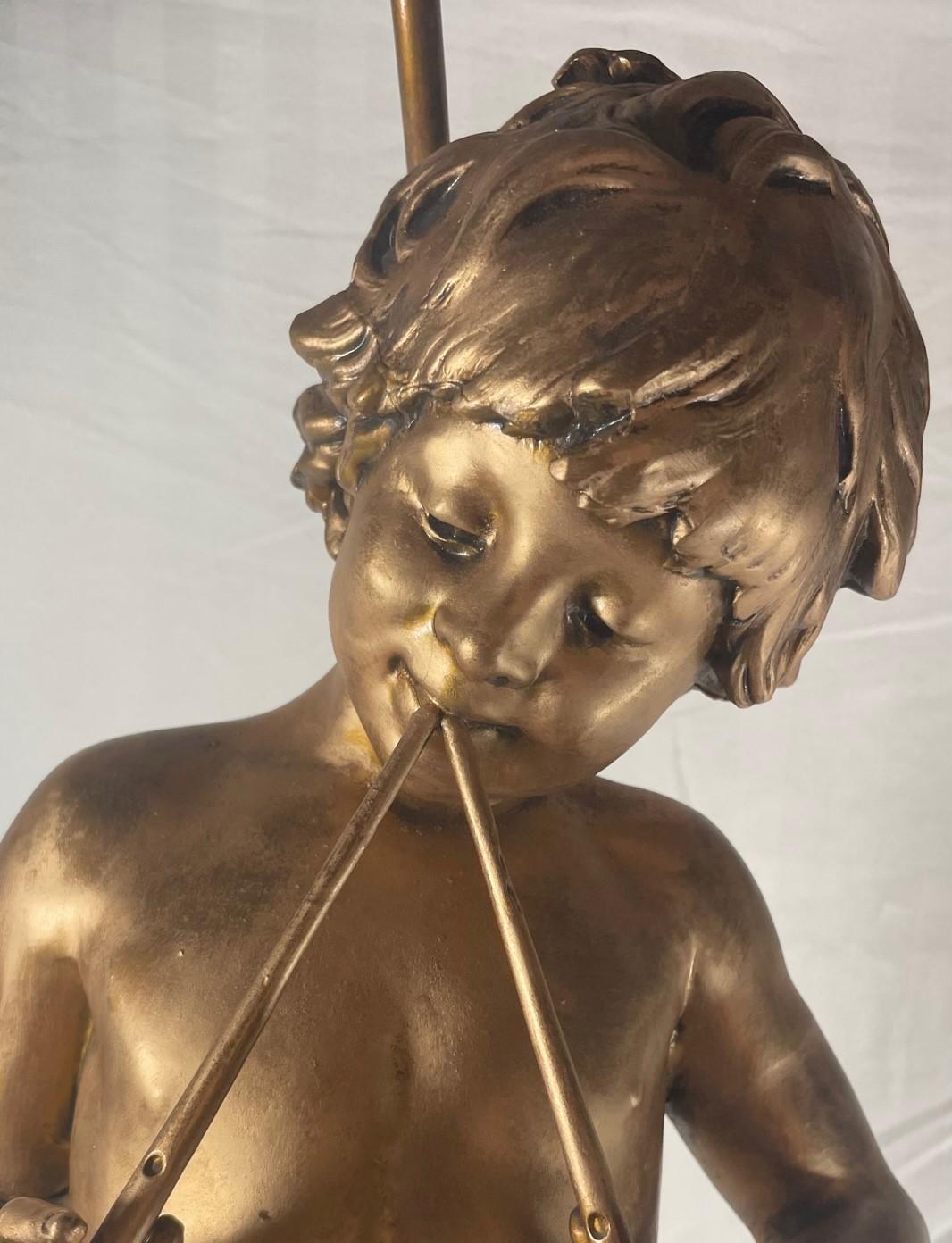 19th Century French Gilt Bronzed Lamp Sculpture “Boy with Flute”, Signed Moreau. In Good Condition For Sale In Vero Beach, FL