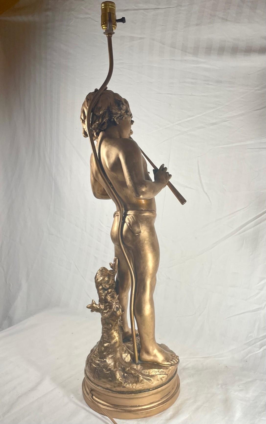 Spelter 19th Century French Gilt Bronzed Lamp Sculpture “Boy with Flute”, Signed Moreau. For Sale