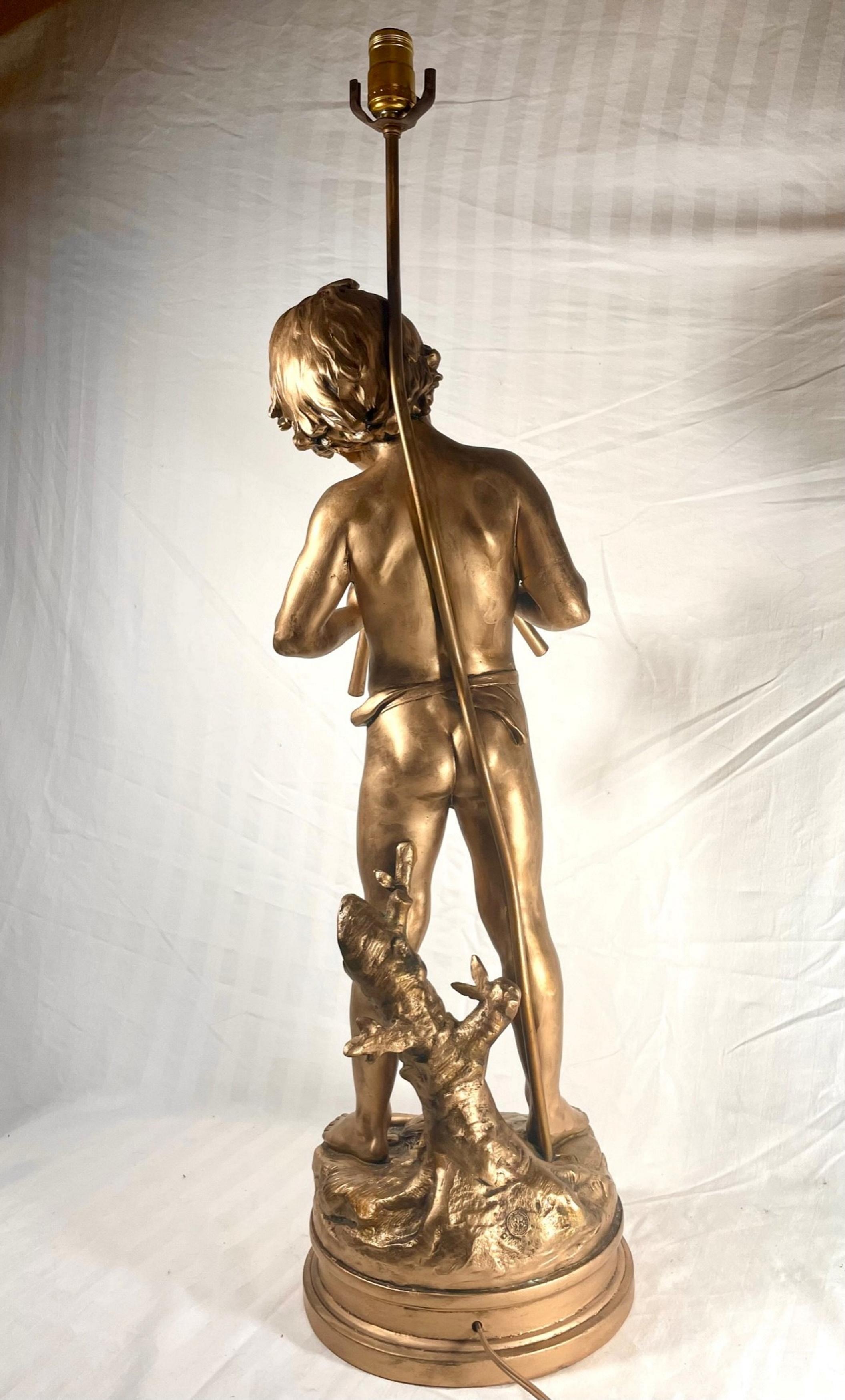 19th Century French Gilt Bronzed Lamp Sculpture “Boy with Flute”, Signed Moreau. For Sale 2