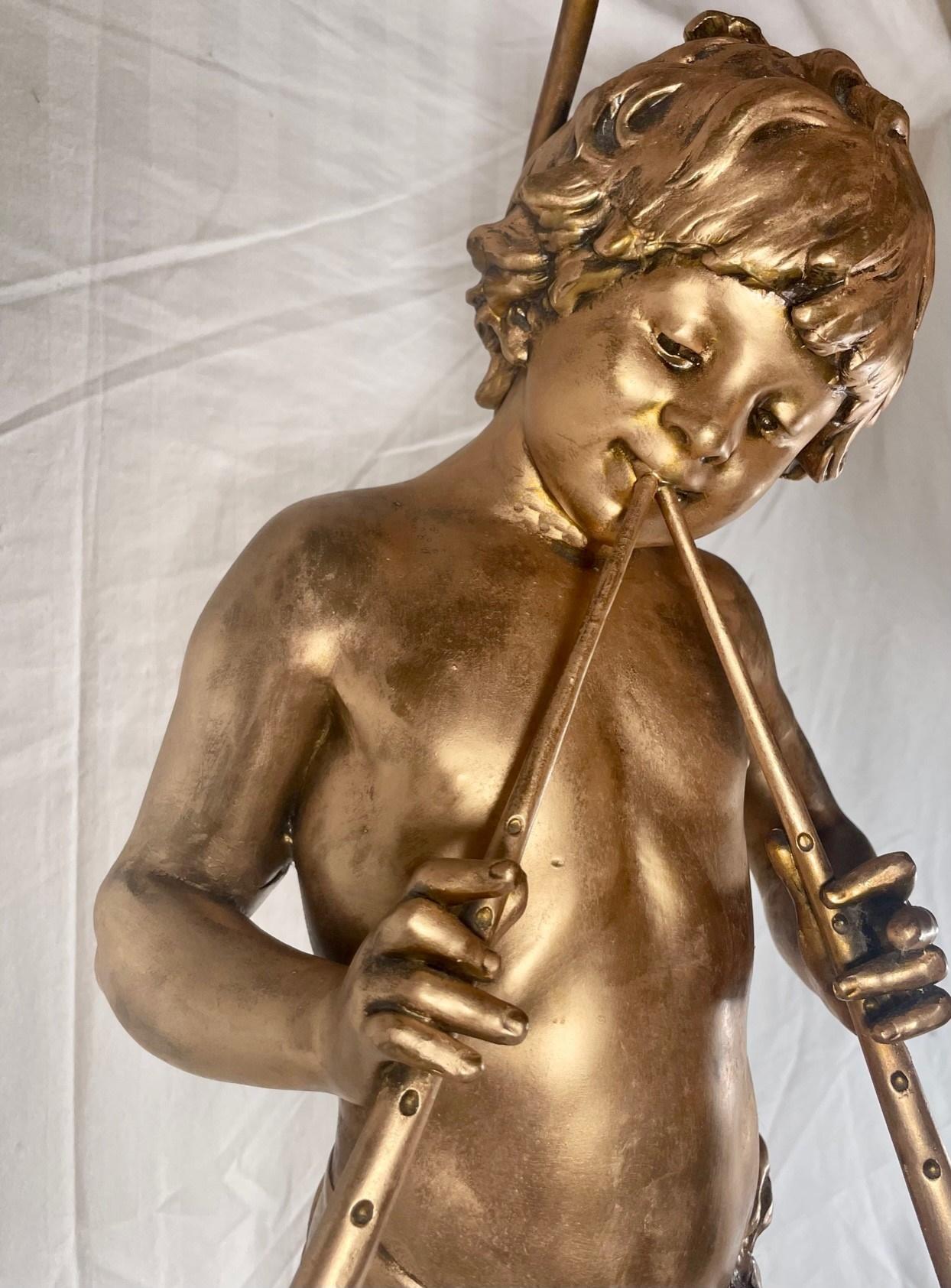 19th Century French Gilt Bronzed Lamp Sculpture “Boy with Flute”, Signed Moreau. For Sale 4
